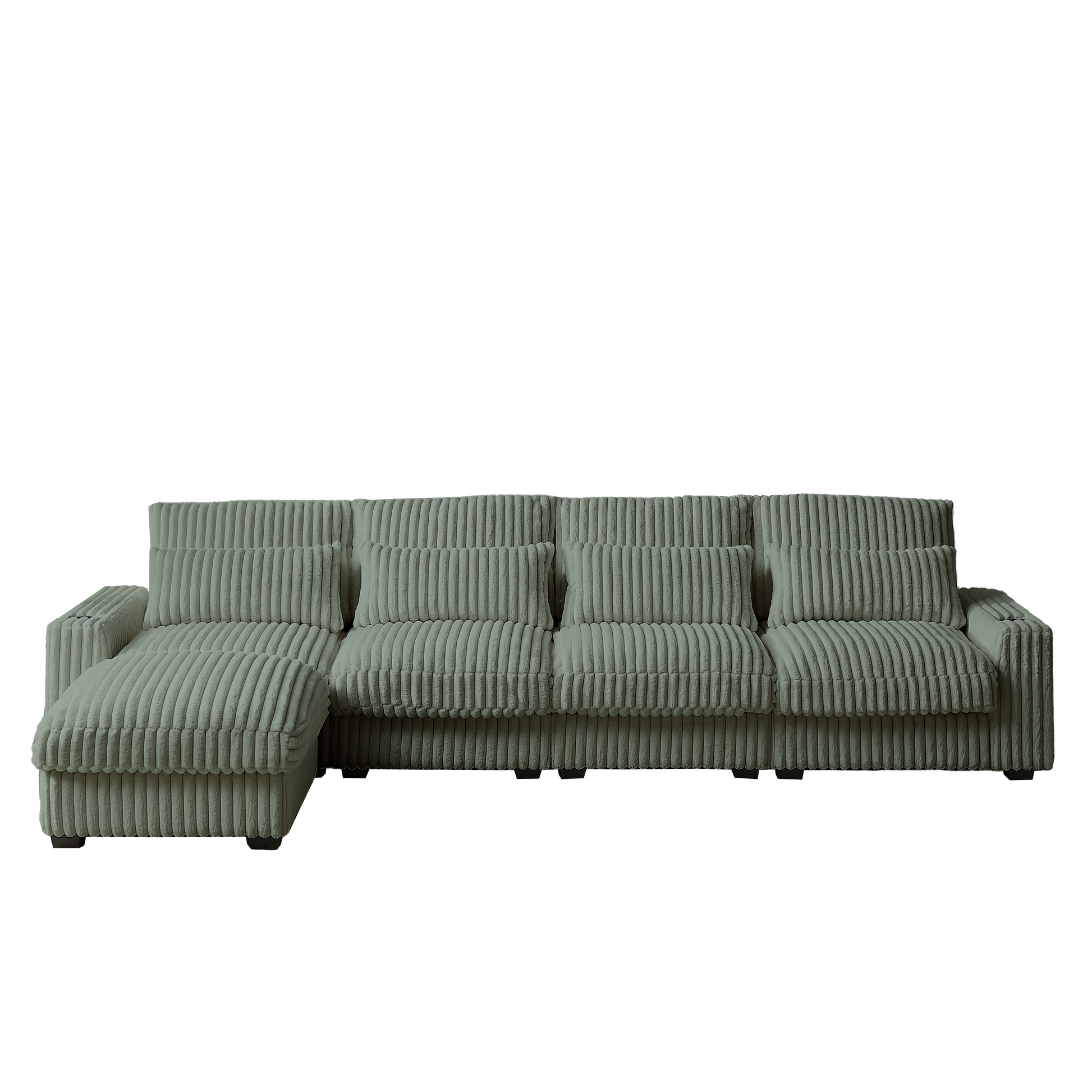 Sage green corduroy sectional sofa with plush cushions and chaise lounge