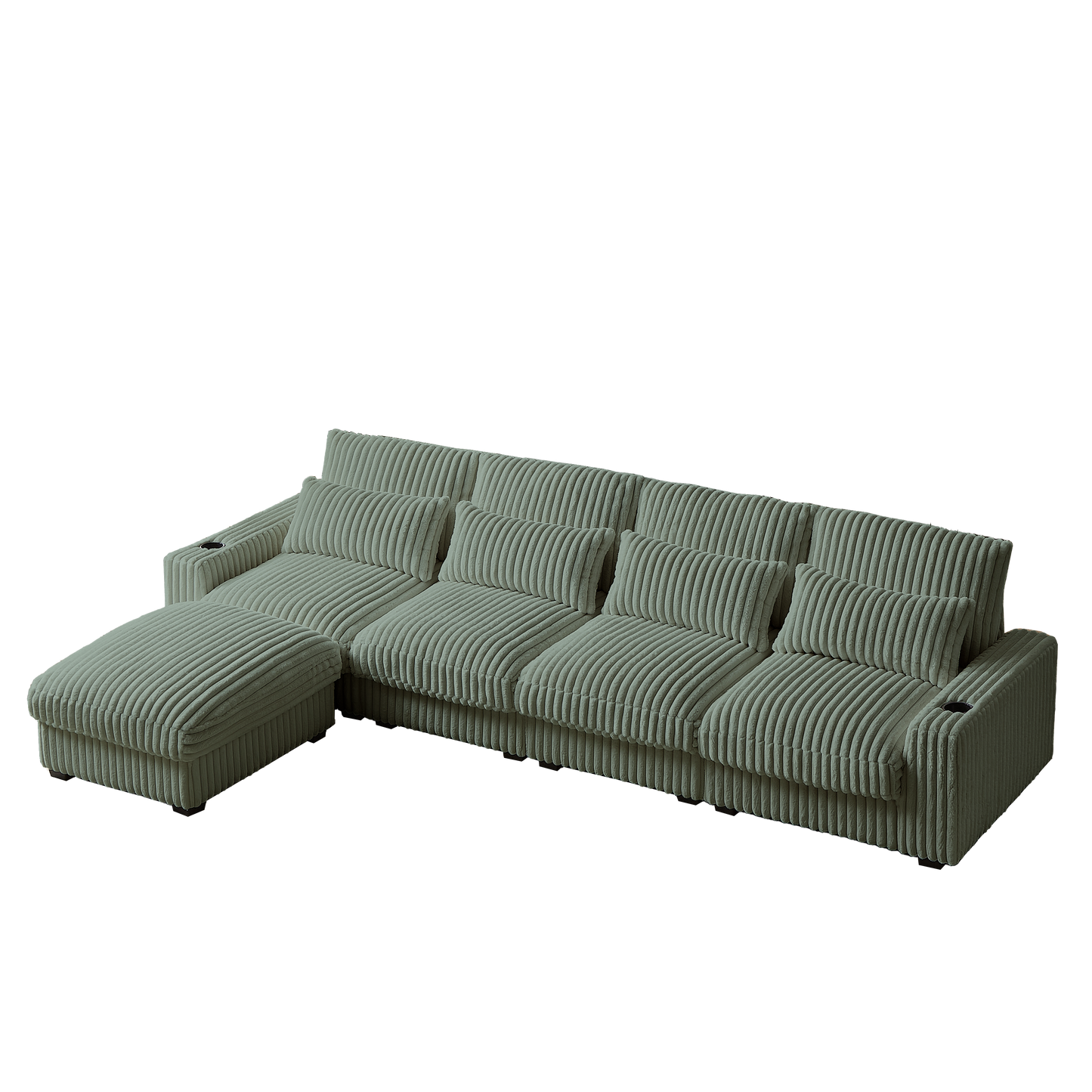 Sage corduroy sectional sofa with cup holders and chaise