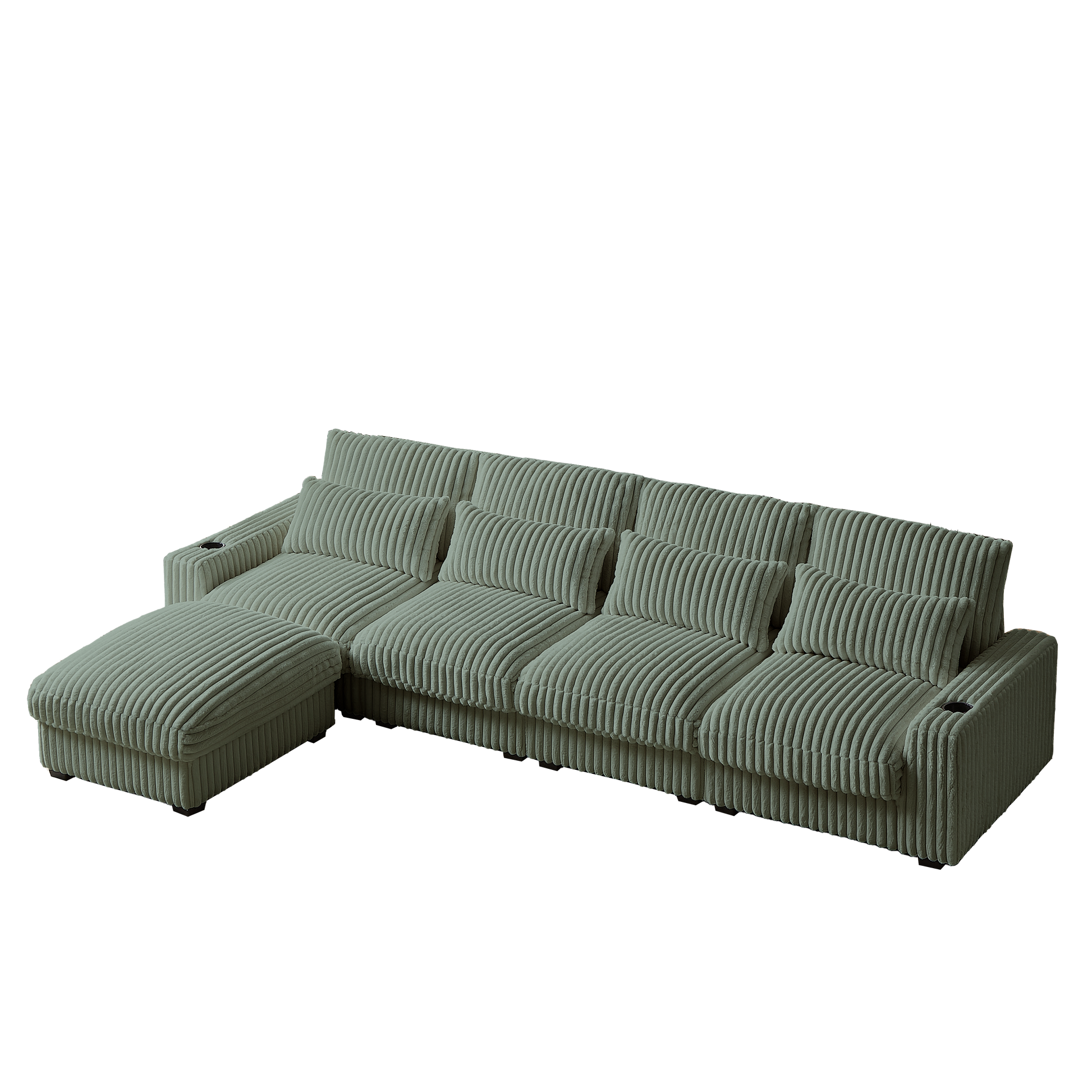 Sage corduroy sectional sofa with cup holders and chaise