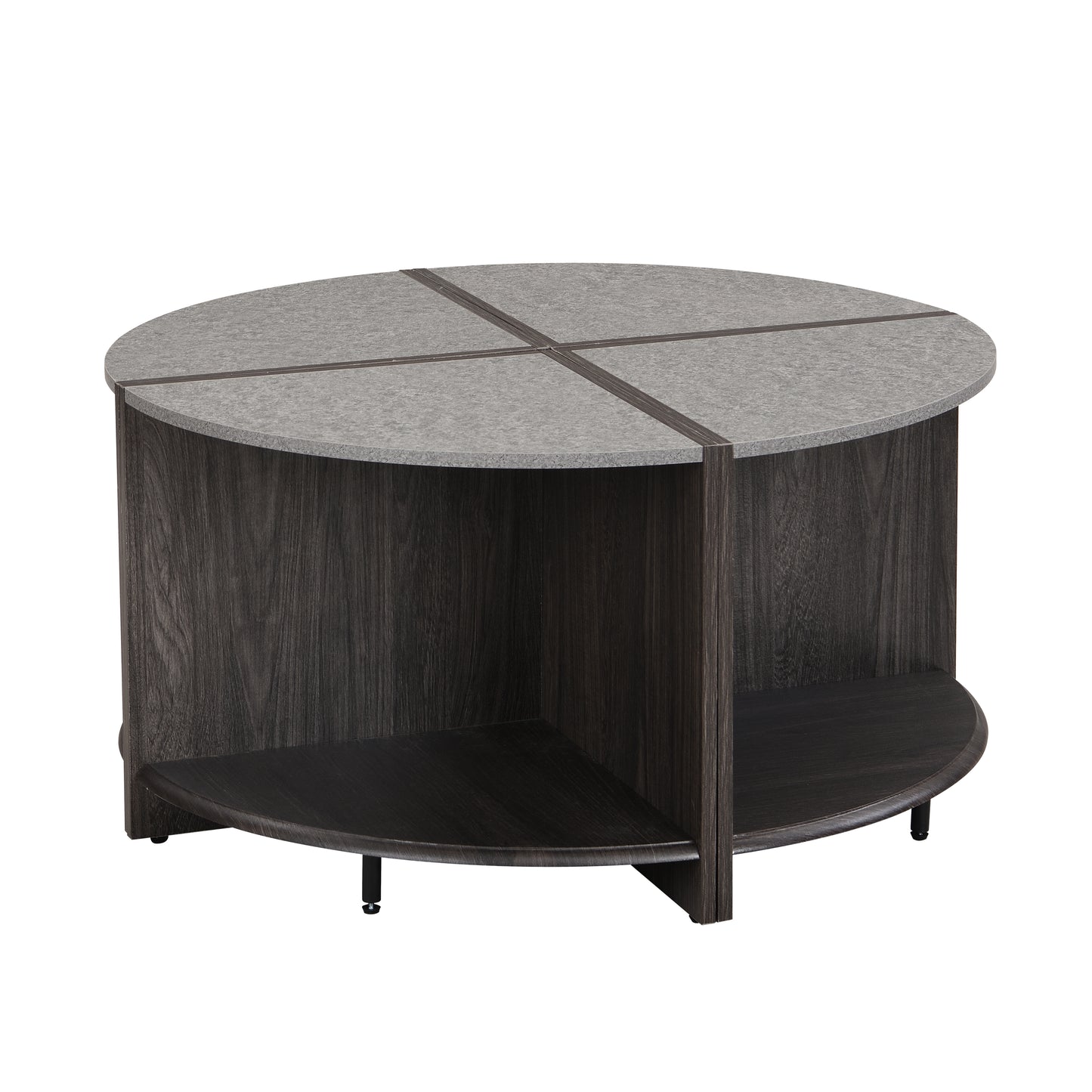 Round grey speckled coffee table with dark wood base and lower shelf