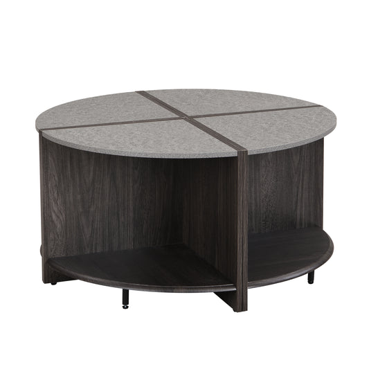 Round grey speckled coffee table with dark wood base and lower shelf