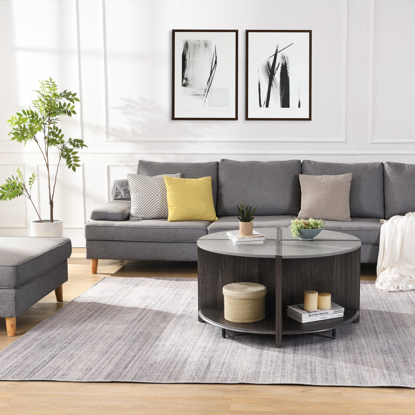 Gray sectional sofa with throw pillows and ottoman