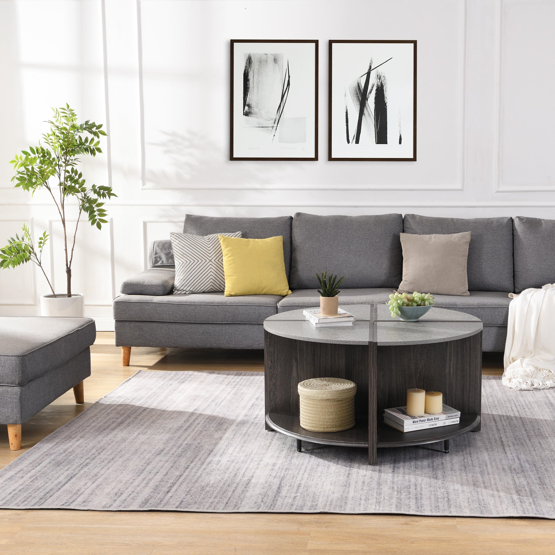 Gray sectional sofa with throw pillows and ottoman