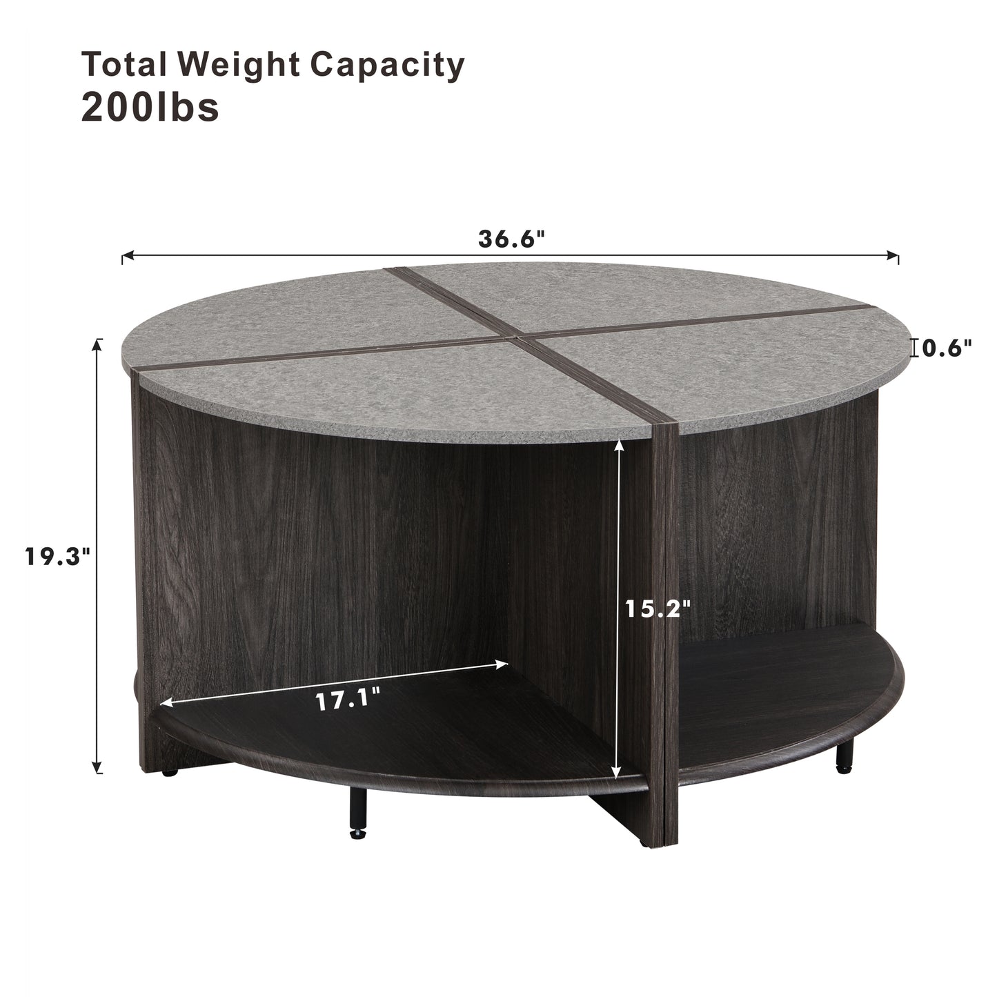 Round dark wood coffee table with grey speckled top and open storage shelf