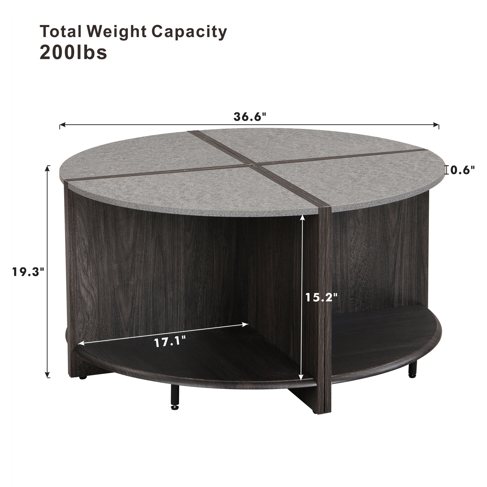 Round dark wood coffee table with grey speckled top and open storage shelf