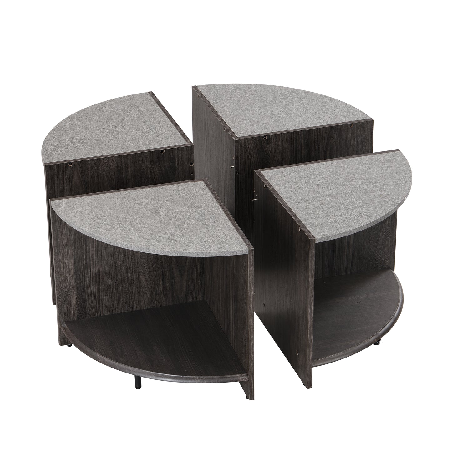Modular round storage unit with dark wood grain finish and speckled gray shelves