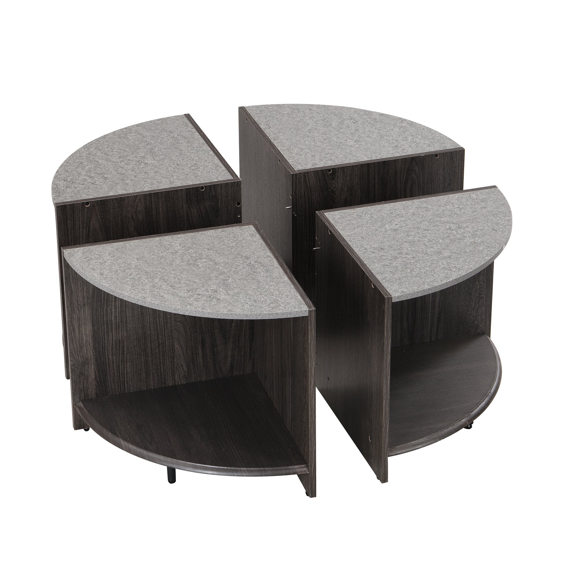 Modular round storage unit with dark wood grain finish and speckled gray shelves