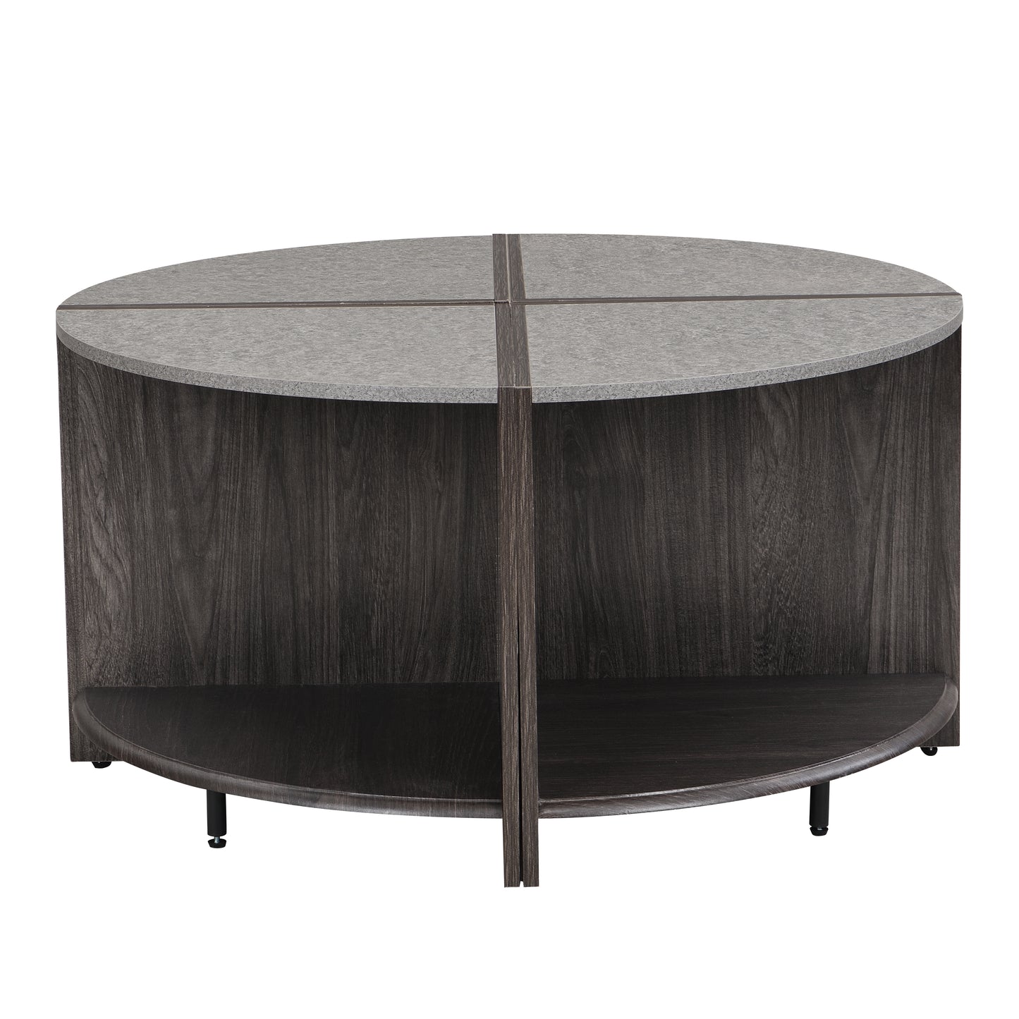 Modern circular coffee table with dark wood finish and gray granite top
