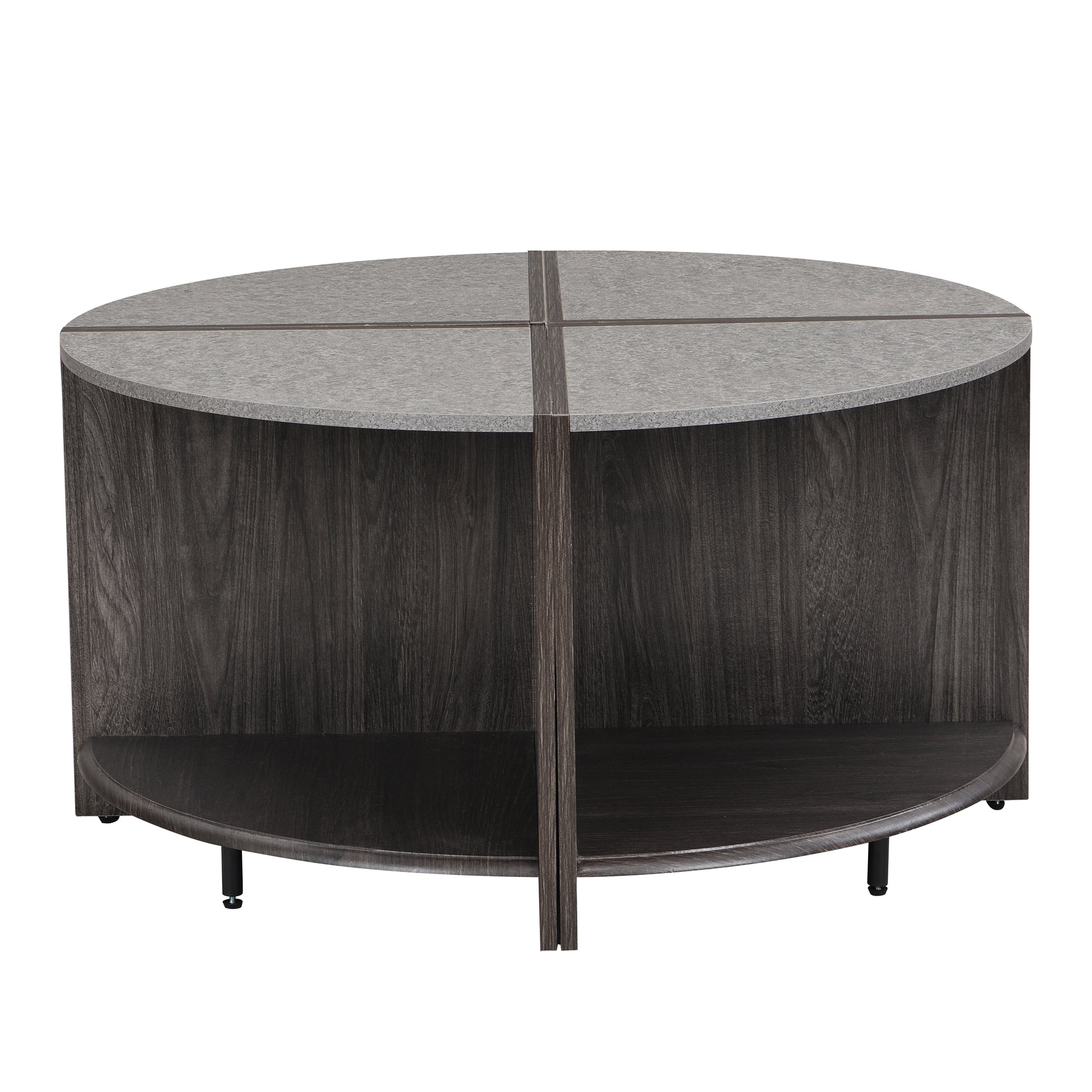 Modern circular coffee table with dark wood finish and gray granite top