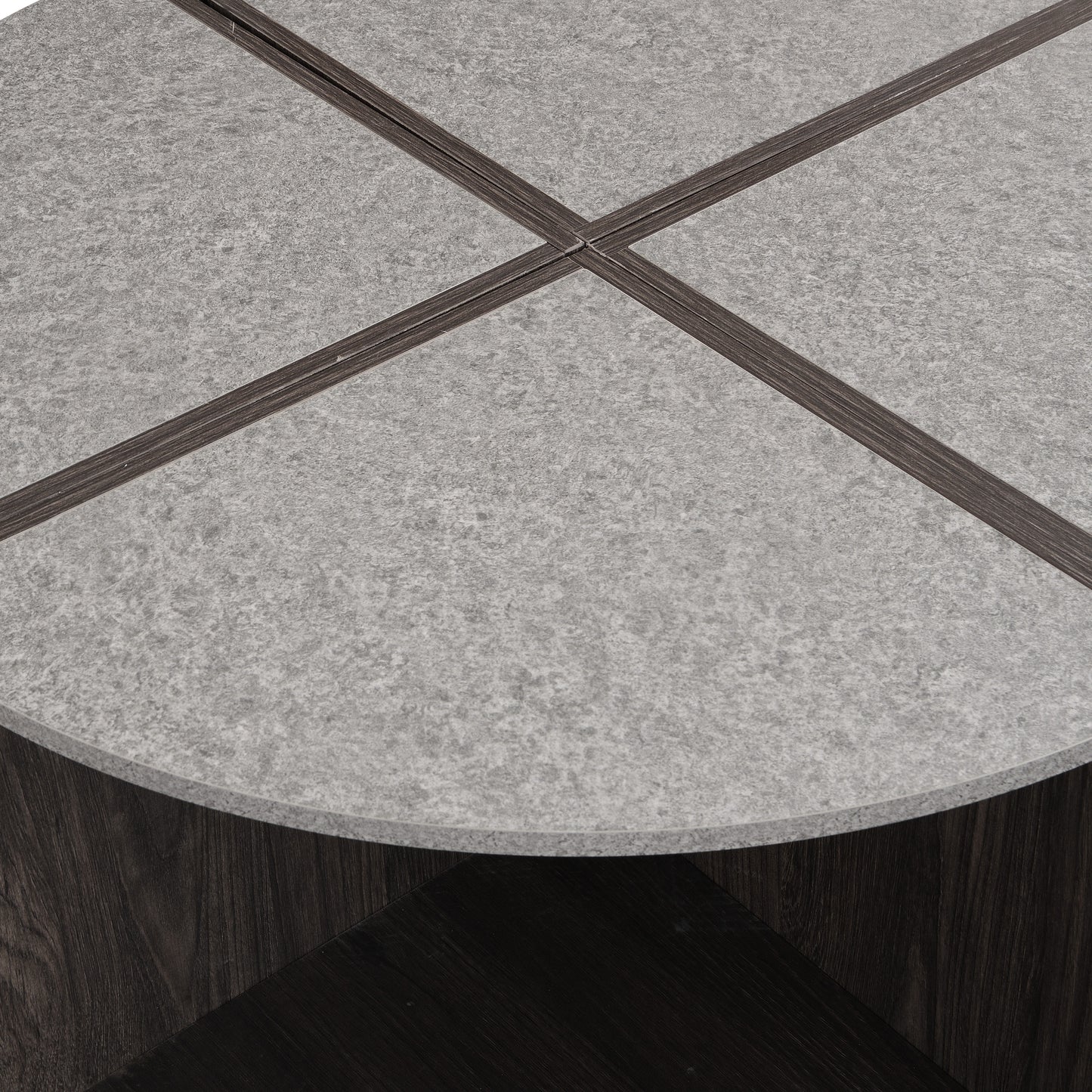 Textured grey concrete tabletop with dark wood inlay details