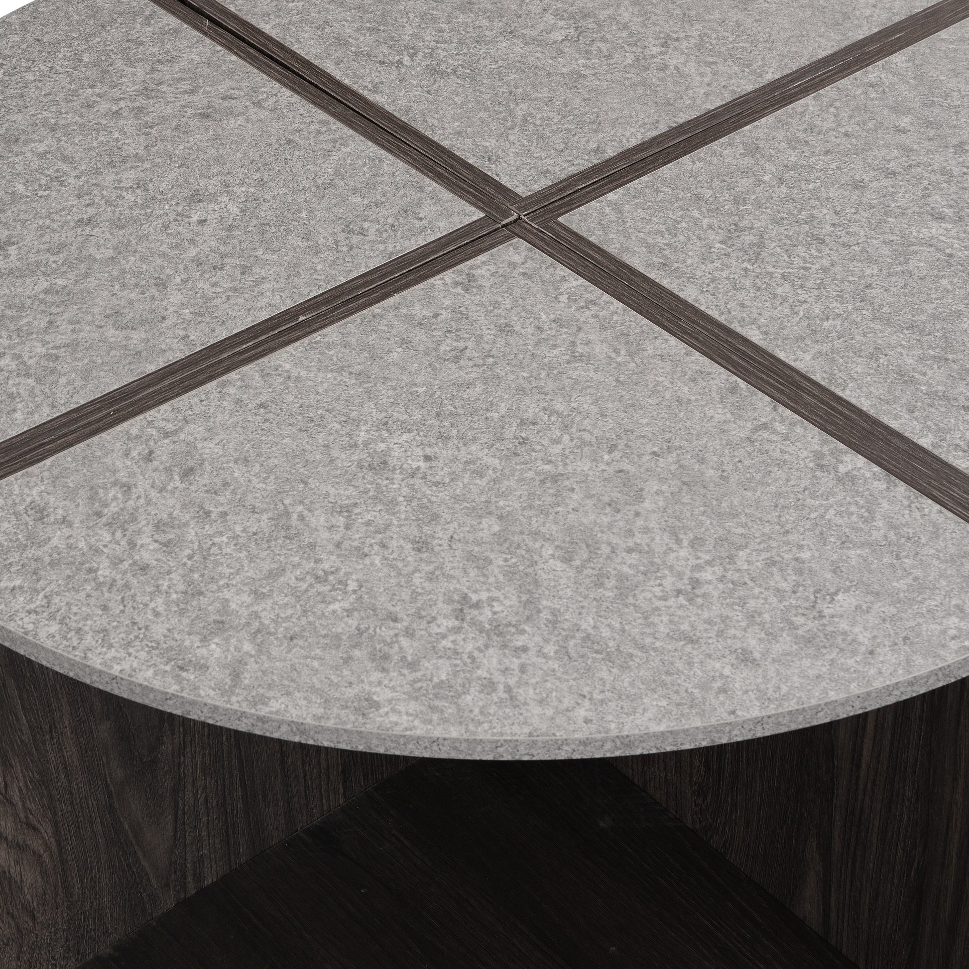 Textured grey concrete tabletop with dark wood inlay details