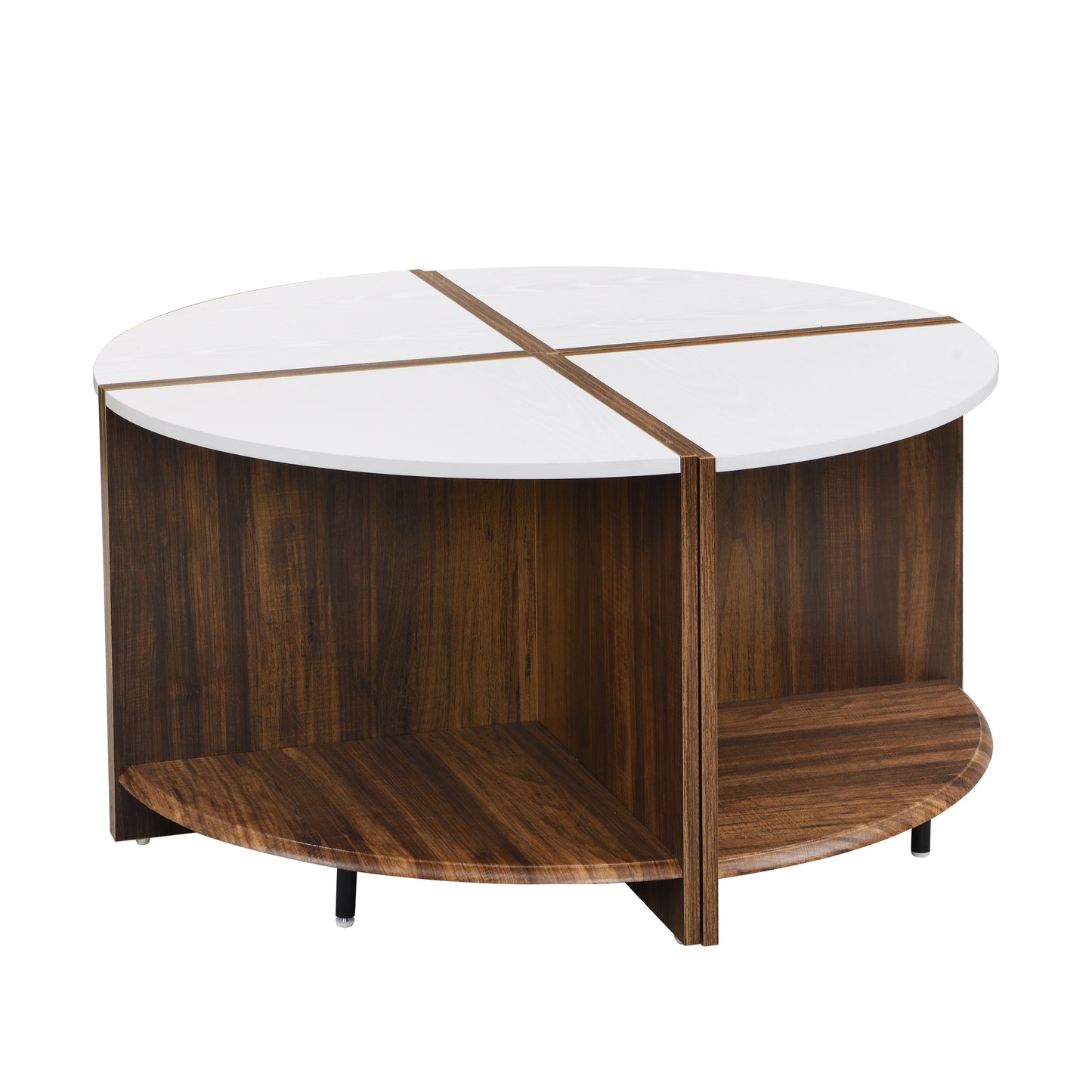 Round white coffee table with dark wood grain base and cross inlay