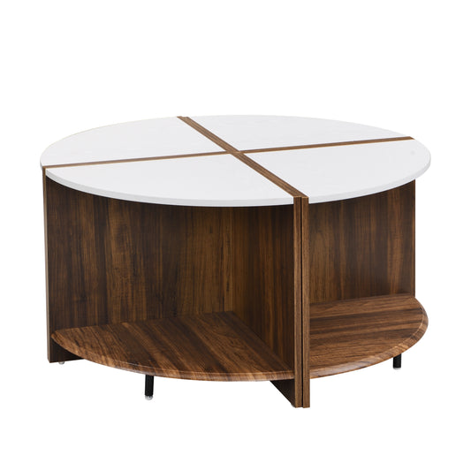 Round white coffee table with dark wood grain base and cross inlay