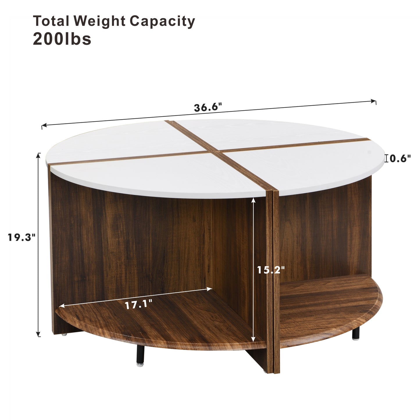 Round whitetop coffee table with dark wood base and shelf