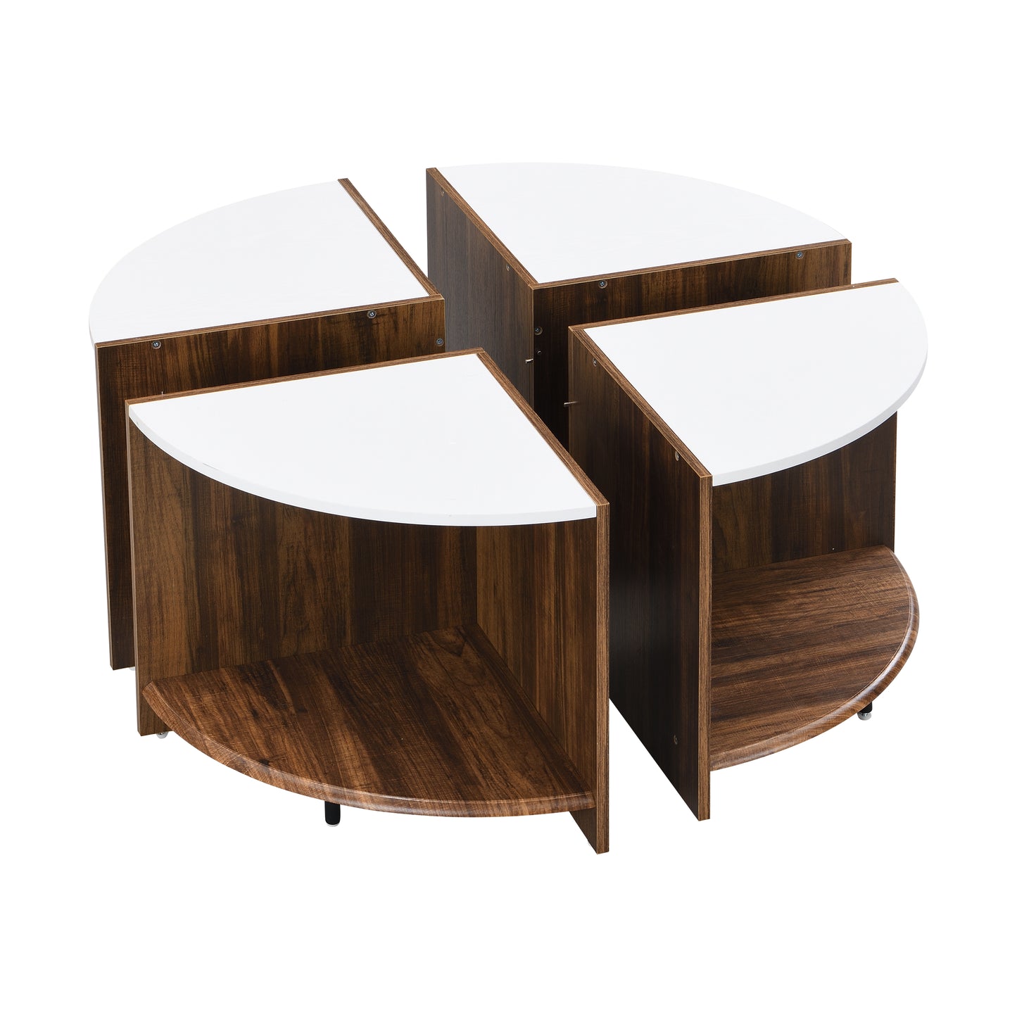 Fourpiece modular coffee table with white tops and dark wood laminate