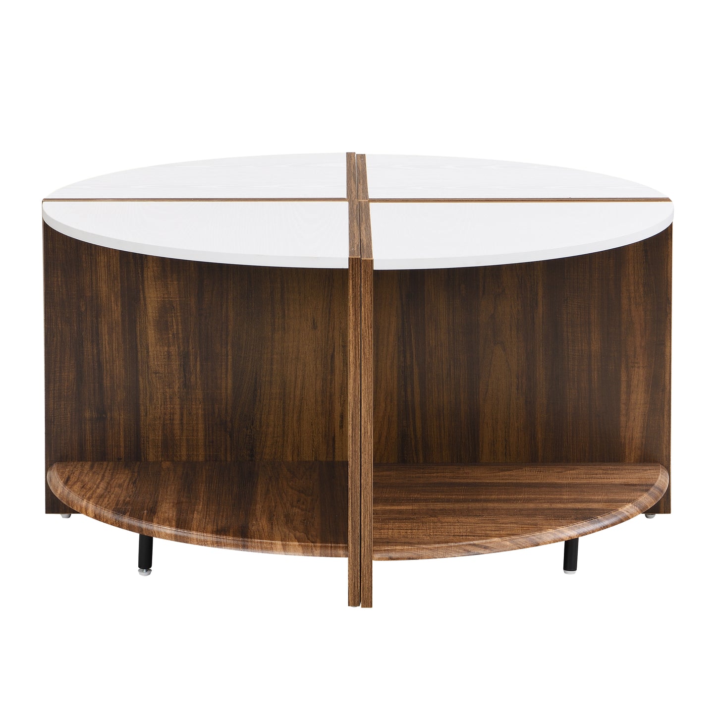 Modern oval coffee table with walnut veneer and white top