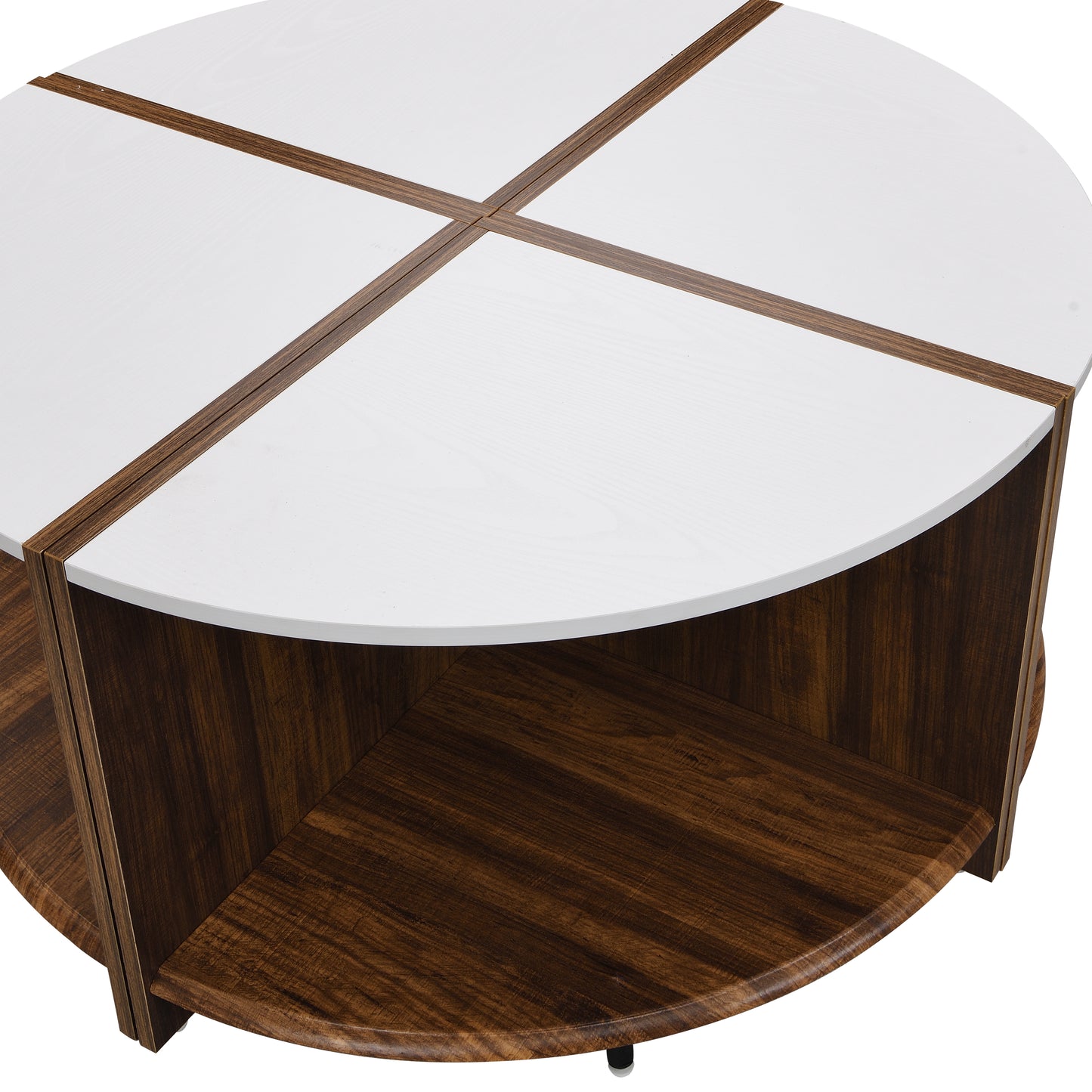 Modern white round coffee table with wood accents and storage shelf