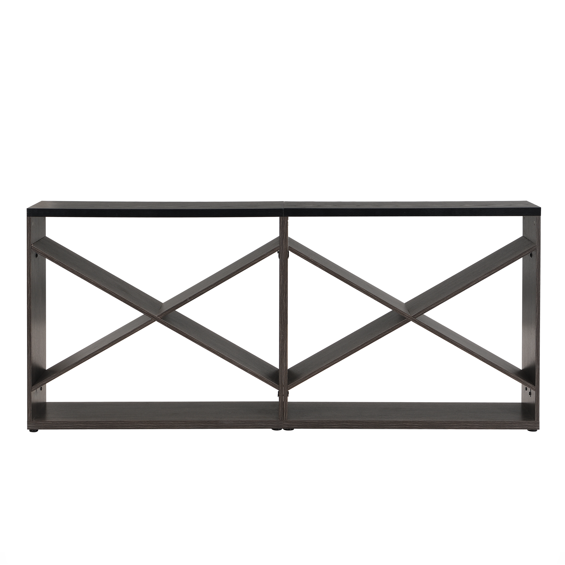 Dark wood console table with geometric Xframe shelves