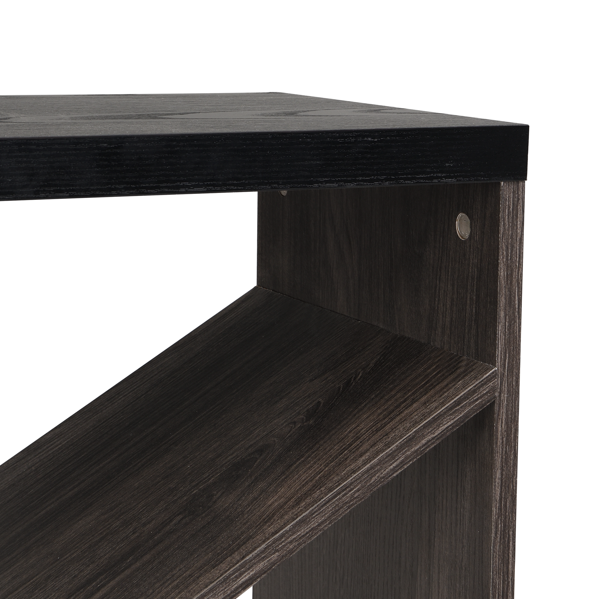 Black oak veneer bookshelf corner detail