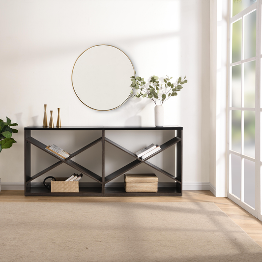 Dark wood console table with geometric compartments and black top