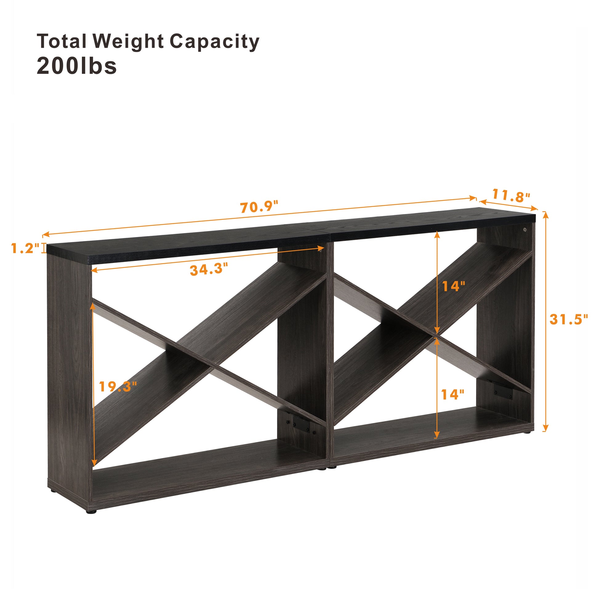 Dark wood entryway table with angled shelves and a black top  long
