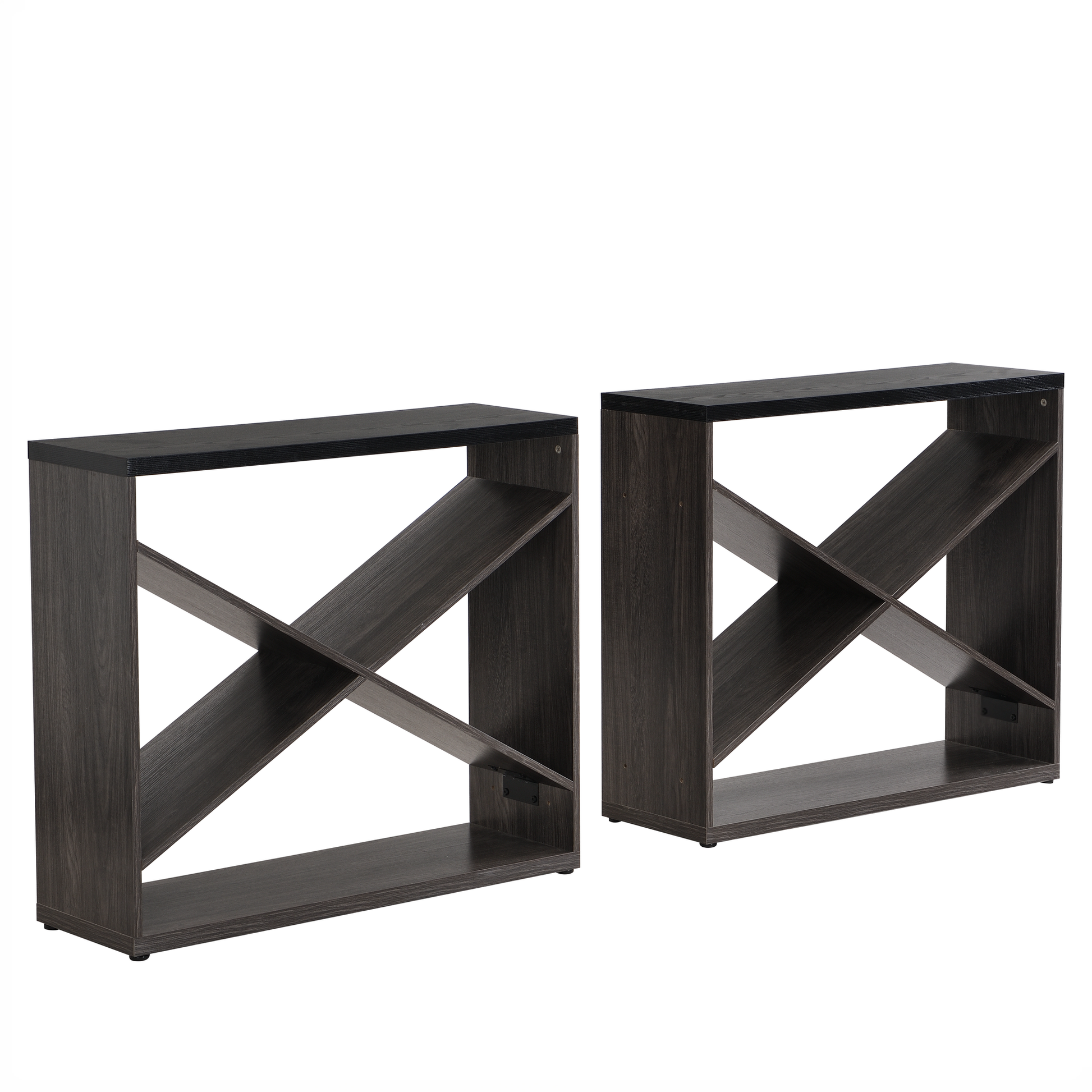 Dark grey wooden console table with crisscross shelves