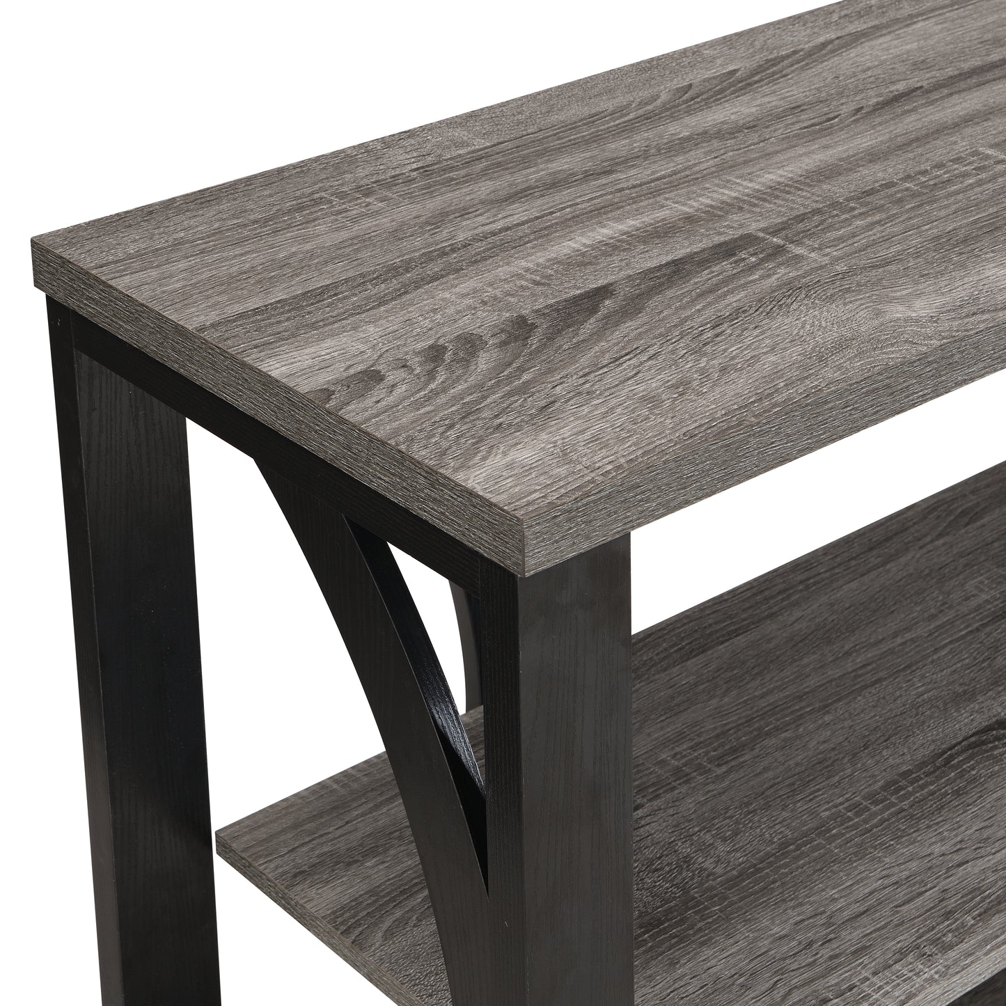 Rustic gray wood TV stand with black metal accents and two shelves