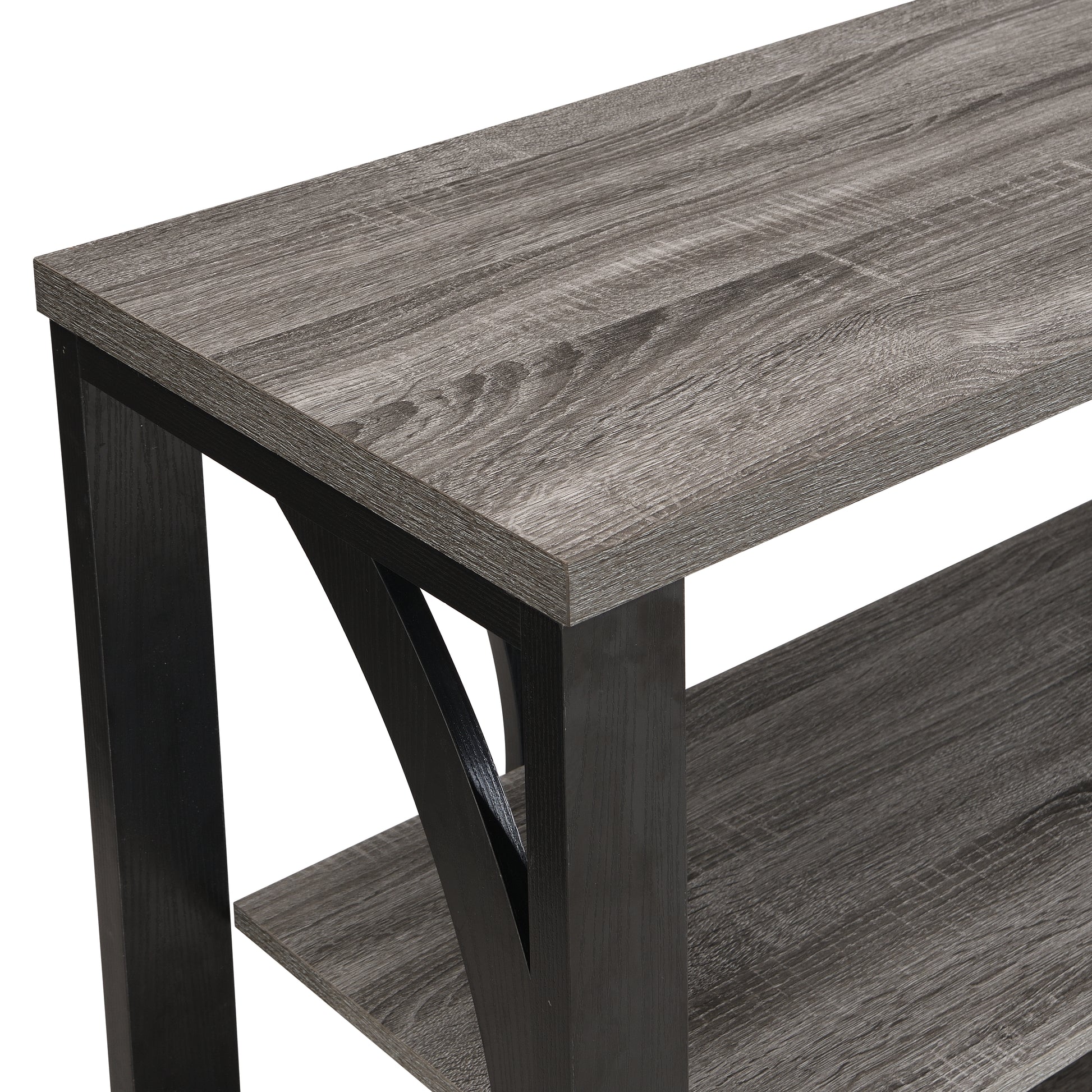 Rustic gray wood TV stand with black metal accents and two shelves