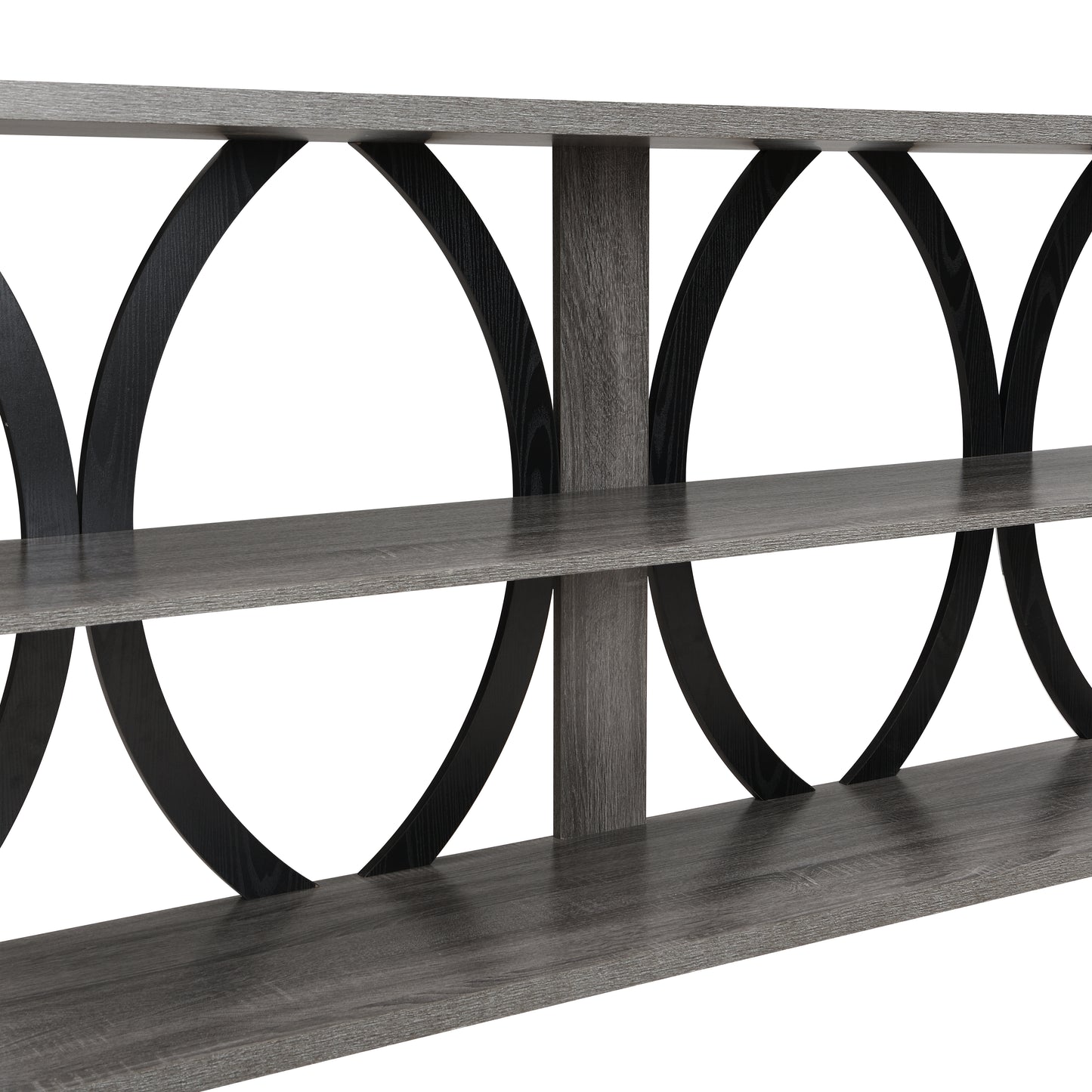 Modern gray wood bookshelf with black metal circle accents