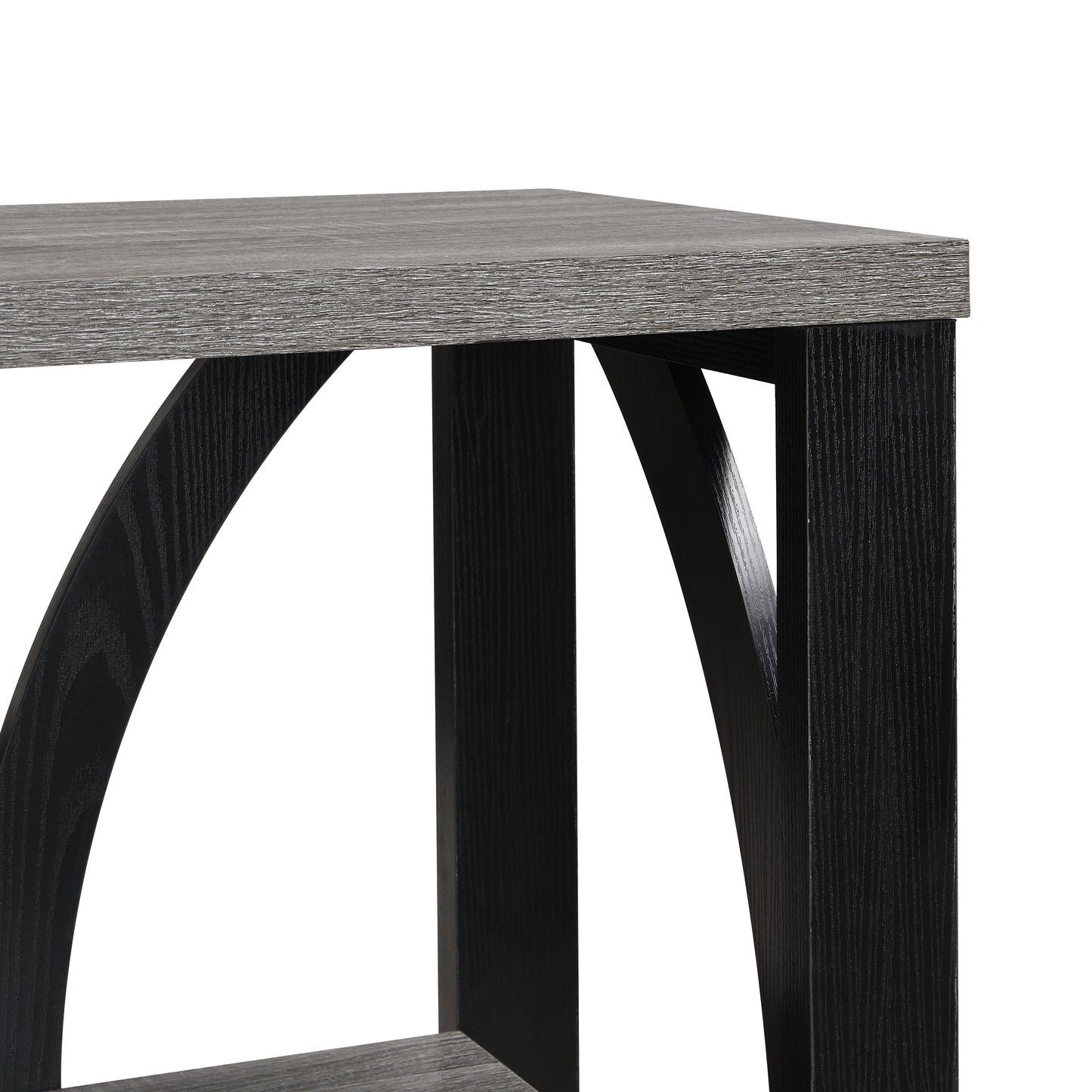 Closeup of a grey wood grain console table top with dark arched legs