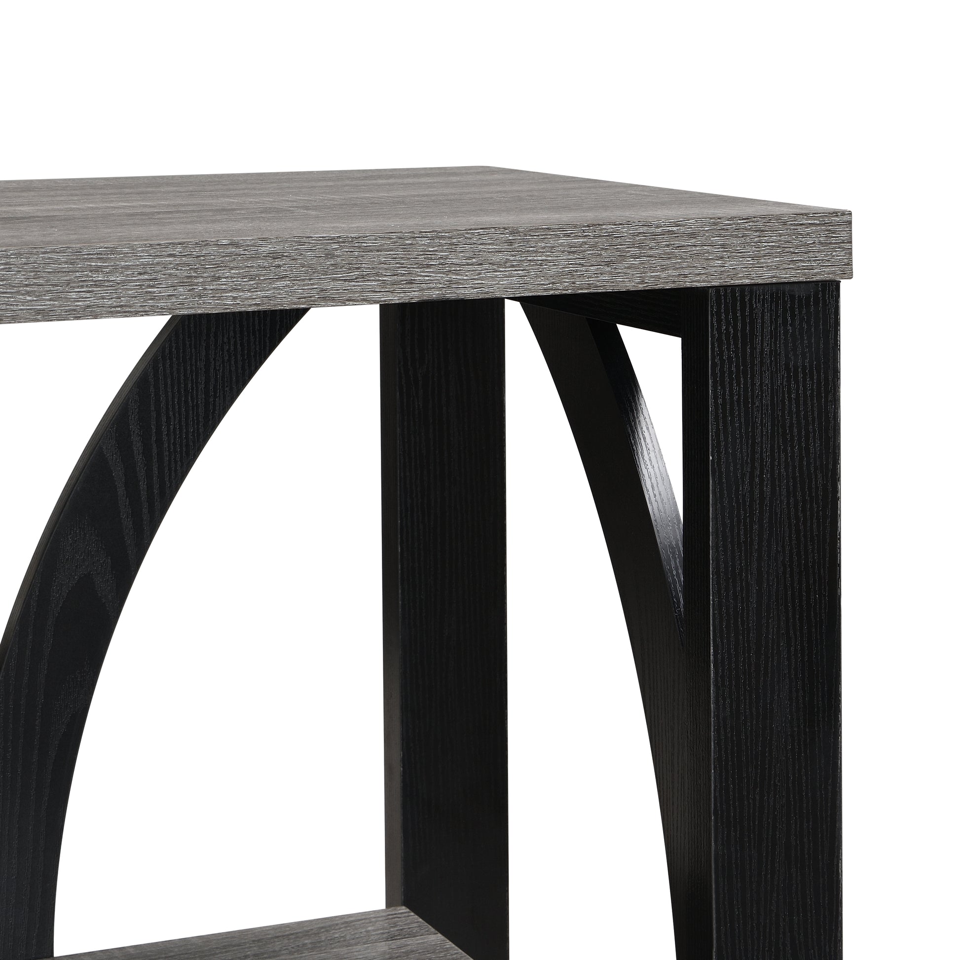 Closeup of a grey wood grain console table top with dark arched legs