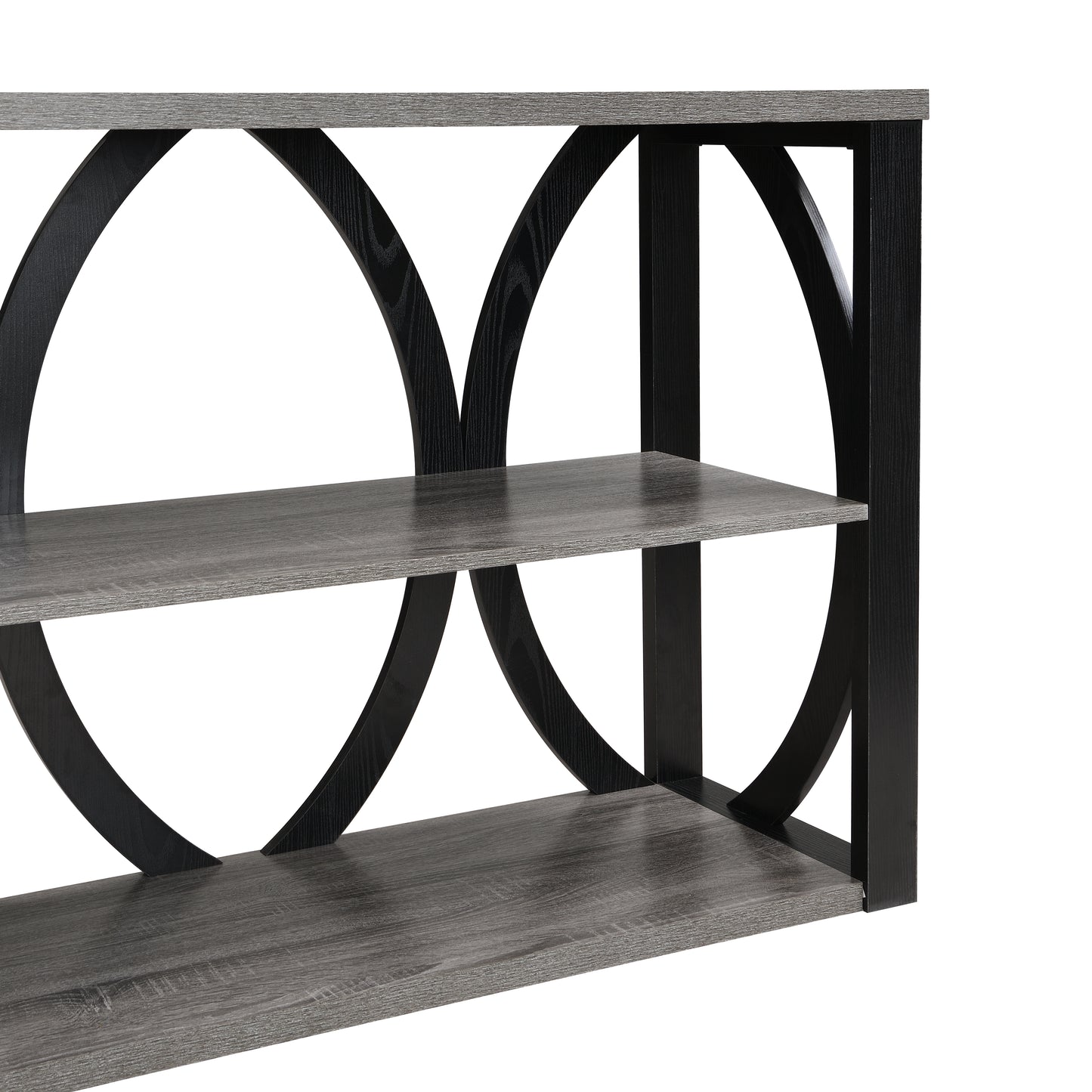 Gray wood open bookshelf with black metal frame and circular accents