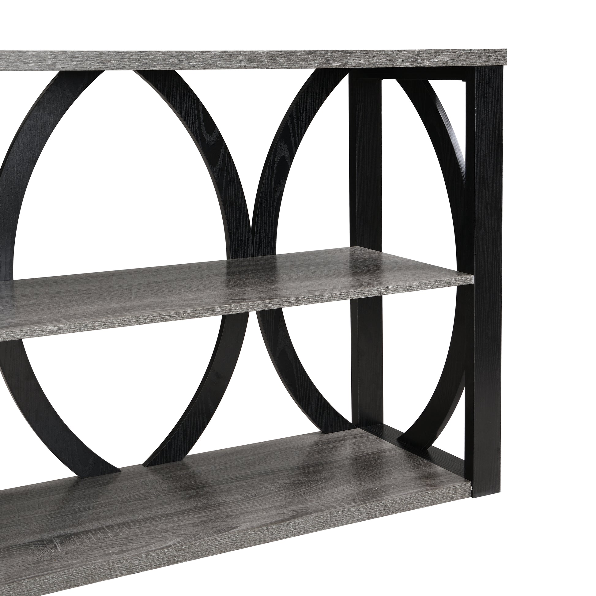 Gray wood open bookshelf with black metal frame and circular accents