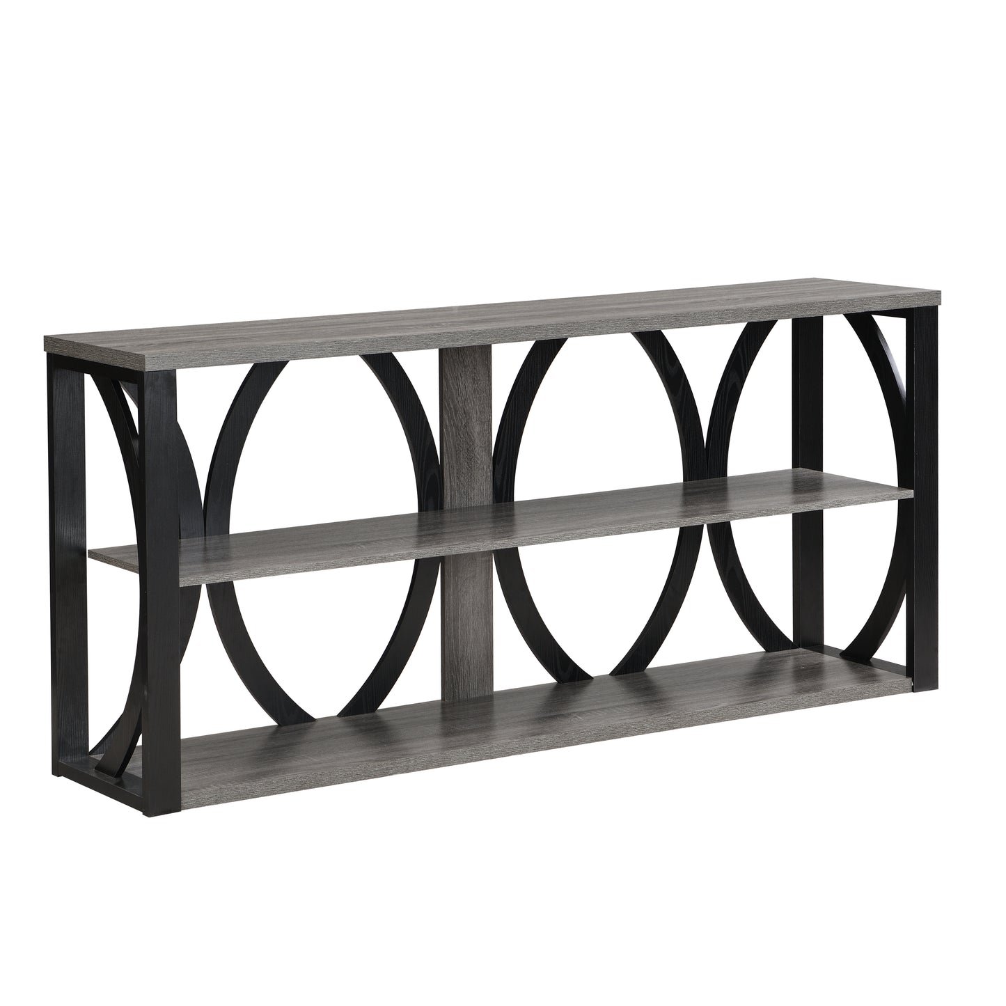 Grey wood console table with black arch accents