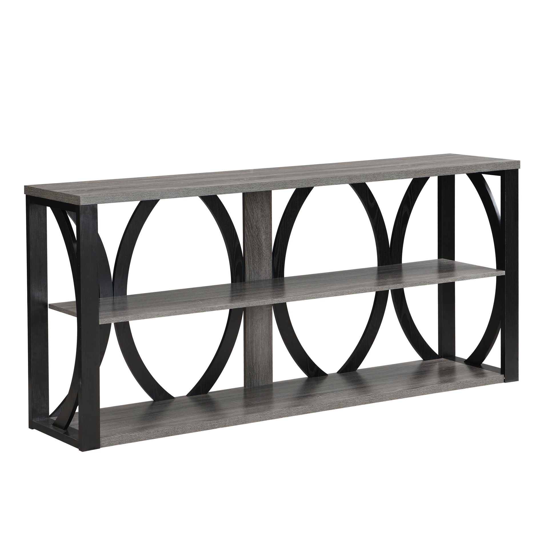 Grey wood console table with black arch accents