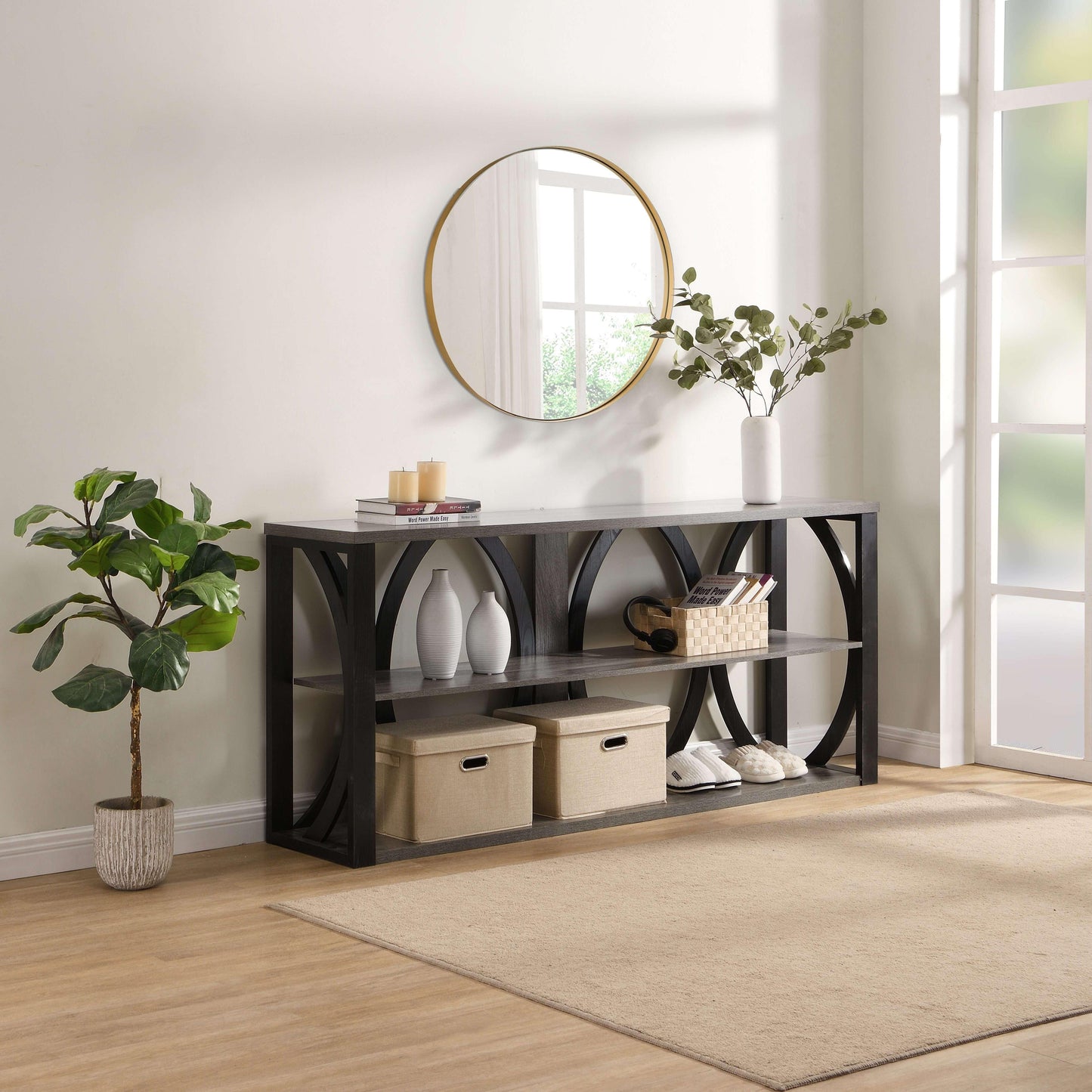 Modern gray console table with black metal frame and circular accents