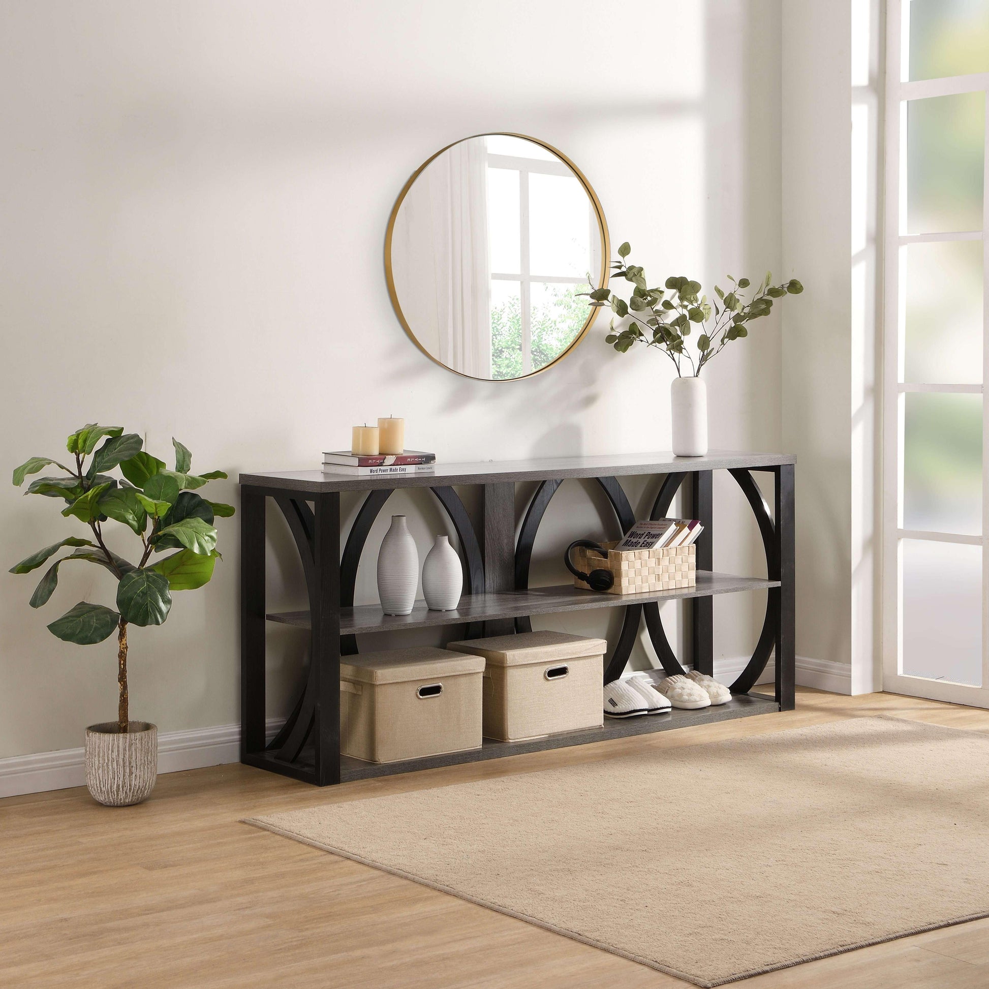 Modern gray console table with black metal frame and circular accents