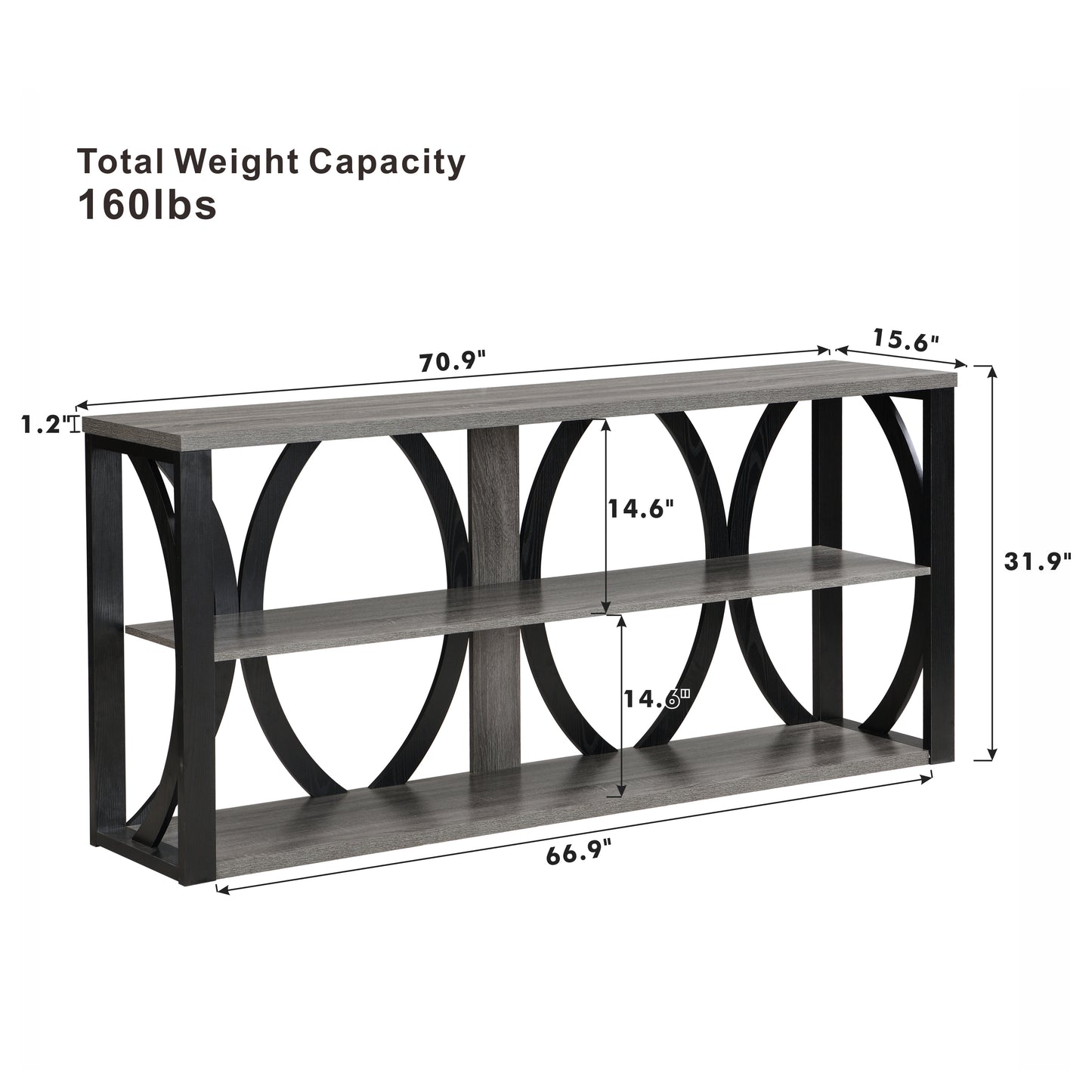 Gray wood console table with black metal frame and open shelving