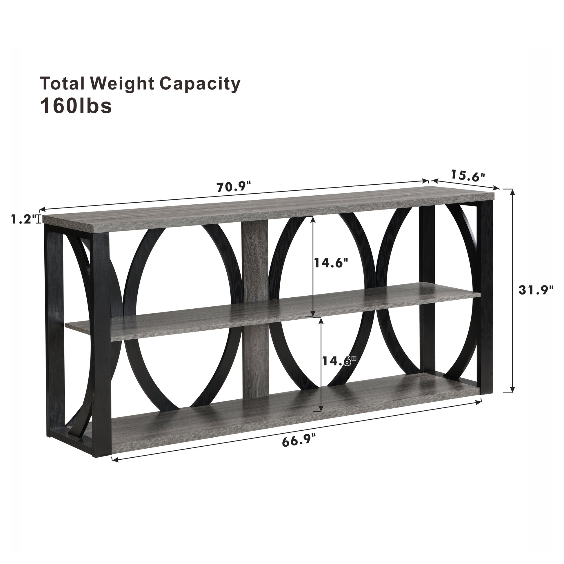 Gray wood console table with black metal frame and open shelving