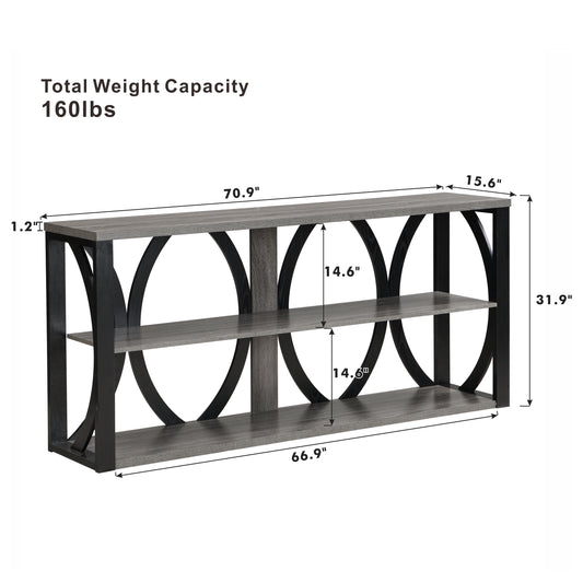 Gray wood console table with black metal frame and open shelving