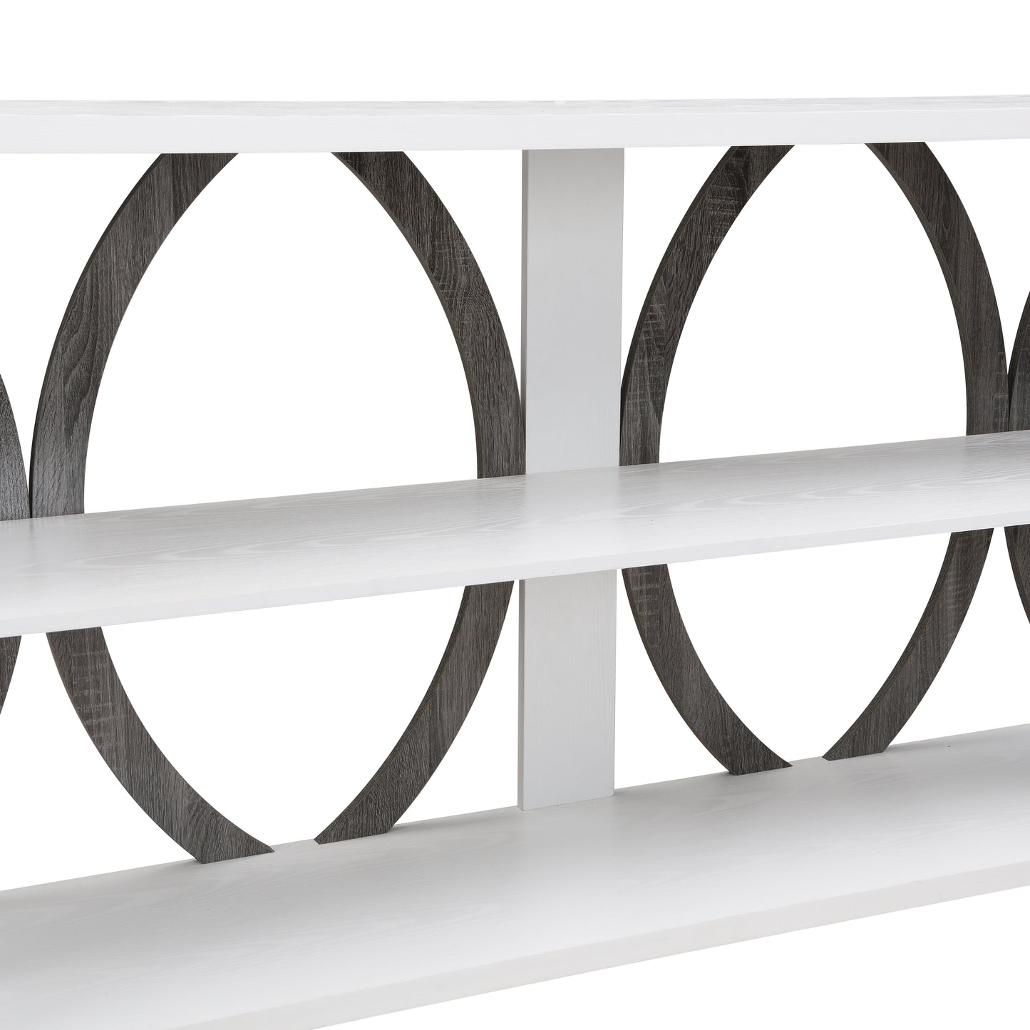 White wood bookshelf with dark wood circular accents