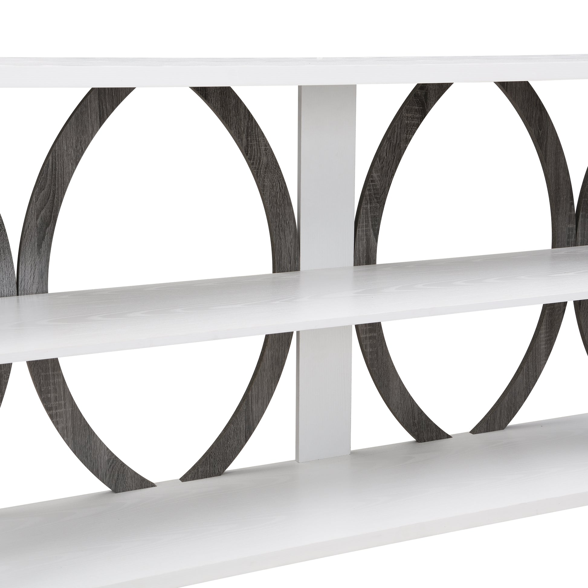 White wood bookshelf with dark wood circular accents