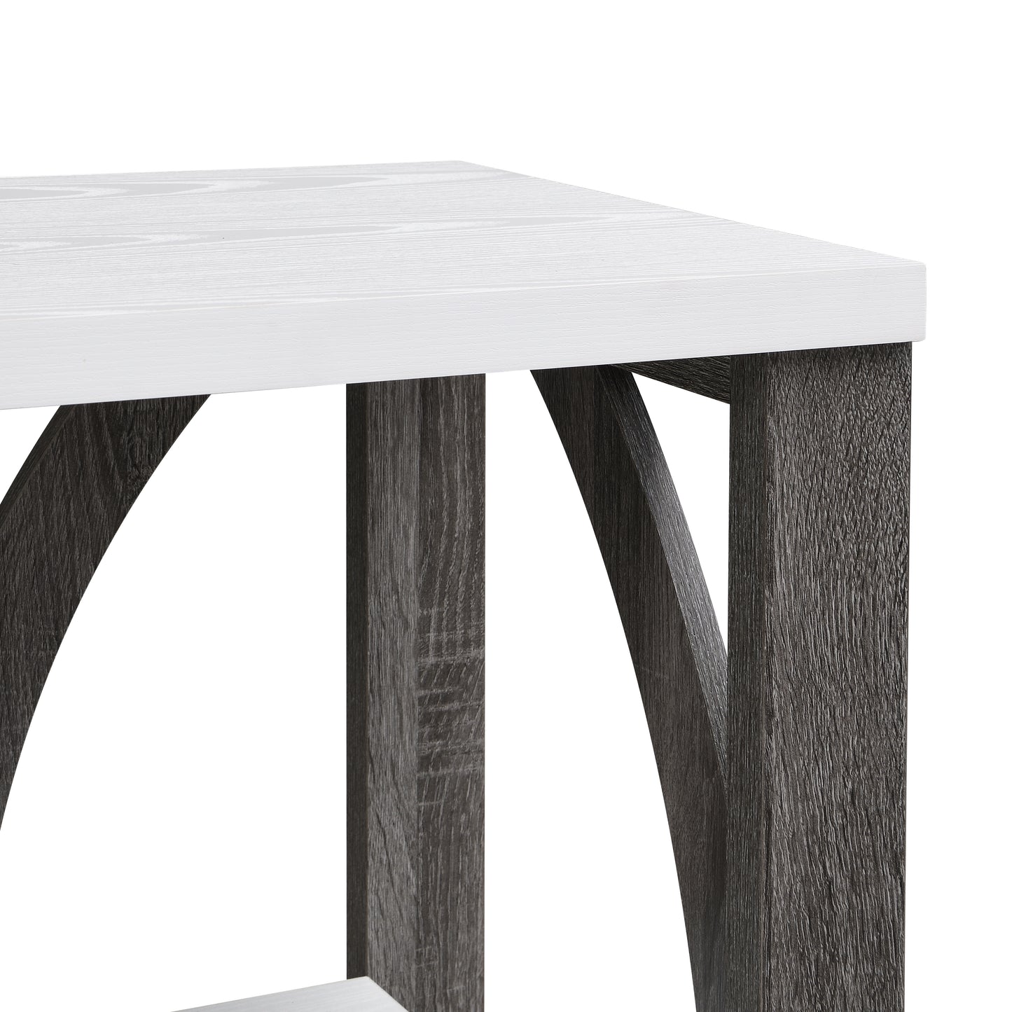 Closeup of white wood grain table top with dark gray rustic wood legs