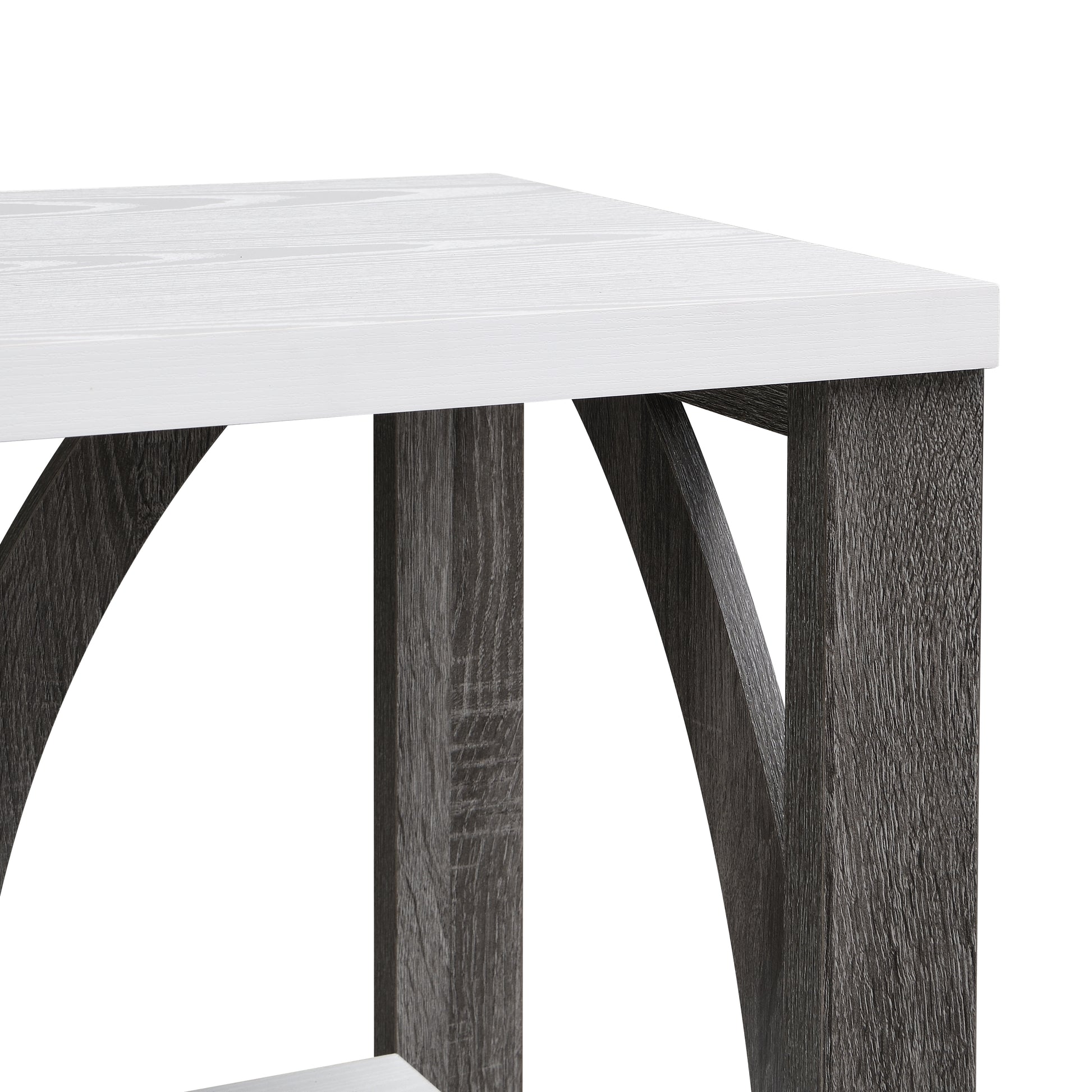 Closeup of white wood grain table top with dark gray rustic wood legs