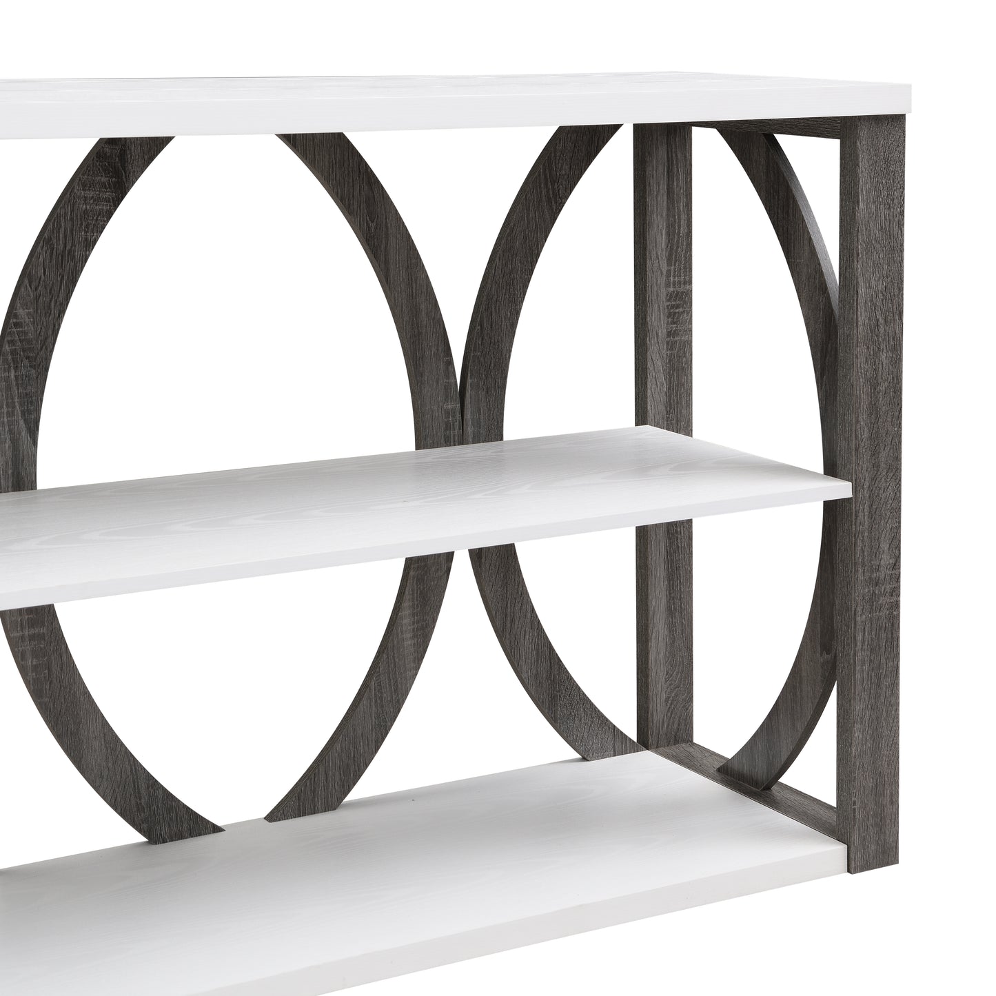 White and grey modern bookshelf with open circle accents and multiple shelves