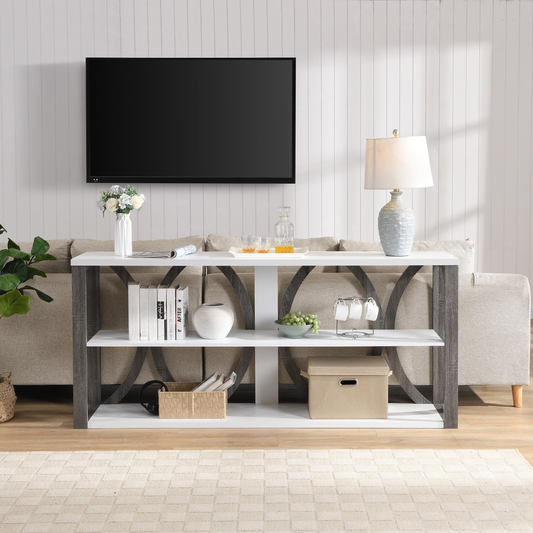 Gray and white sofa console table with two shelves displaying decor