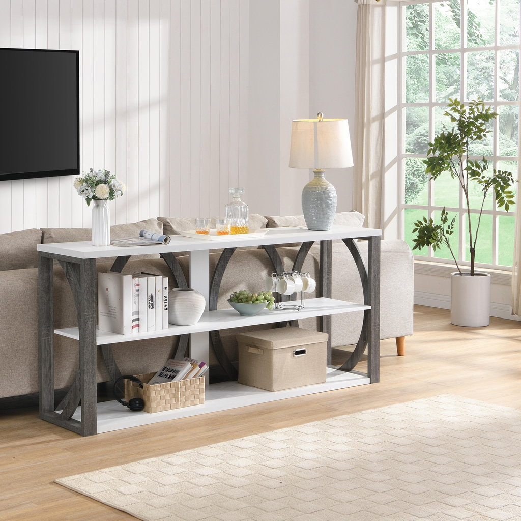 White and gray wood console table with three shelves