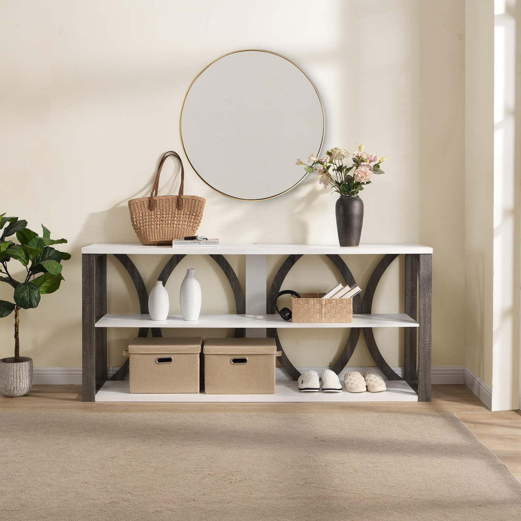 Modern grey and white console table with circular cutouts