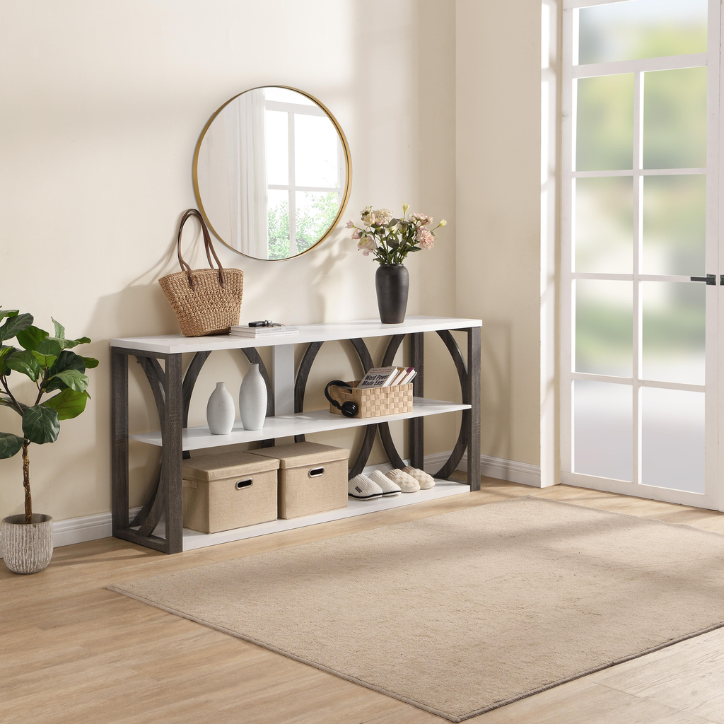 Modern gray and white console table with open shelves and decorative sides