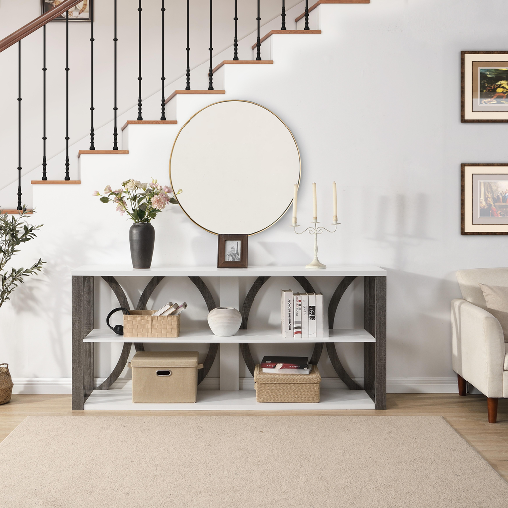 Modern white and gray console table with open shelving